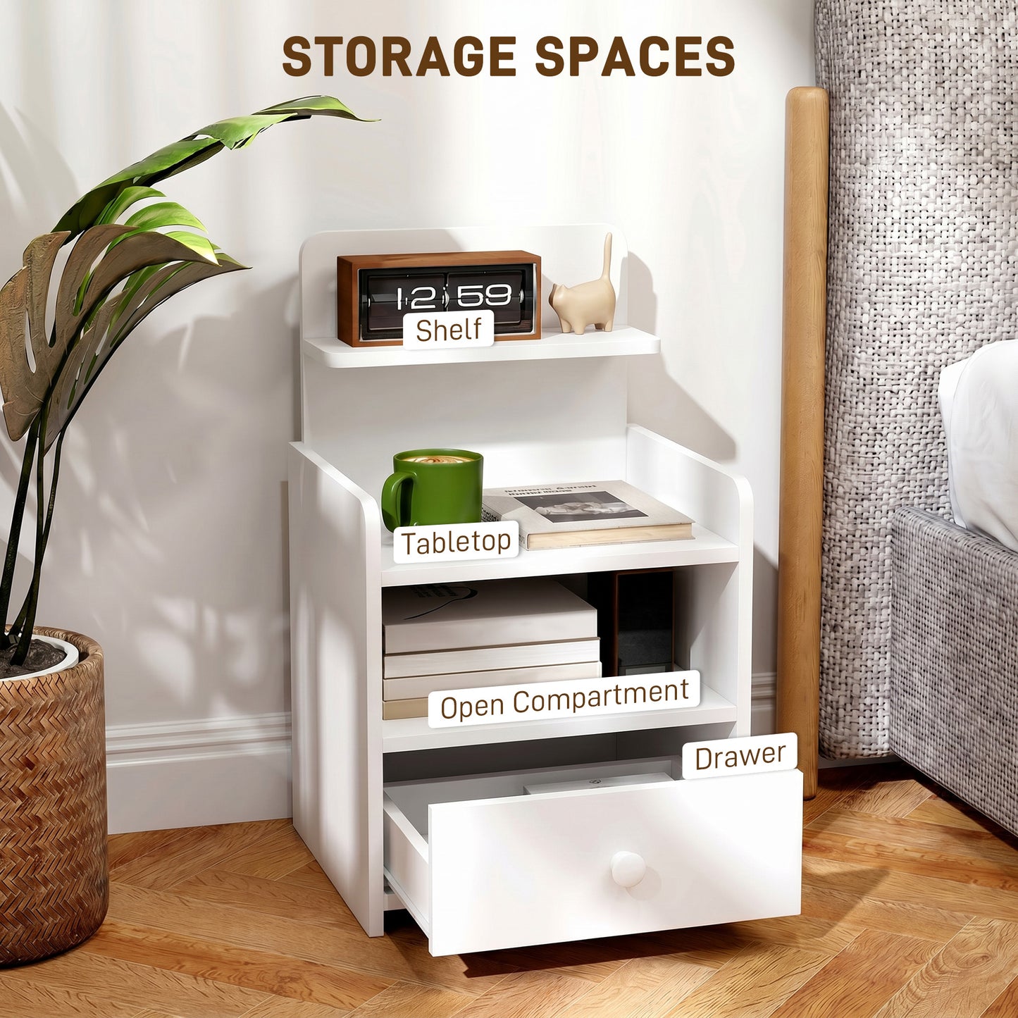 HOMCOM Bedside Cabinet With Drawer And Shelves White Nightstand For Living Room And Bedroom