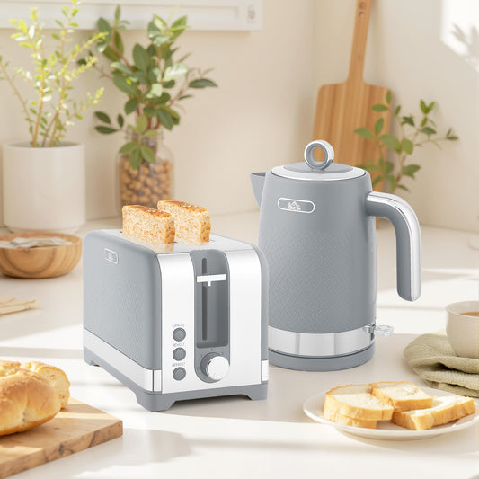 HOMCOM Sleek Textured Kettle And Toaster Set Grey Matte Finish With Curved Design