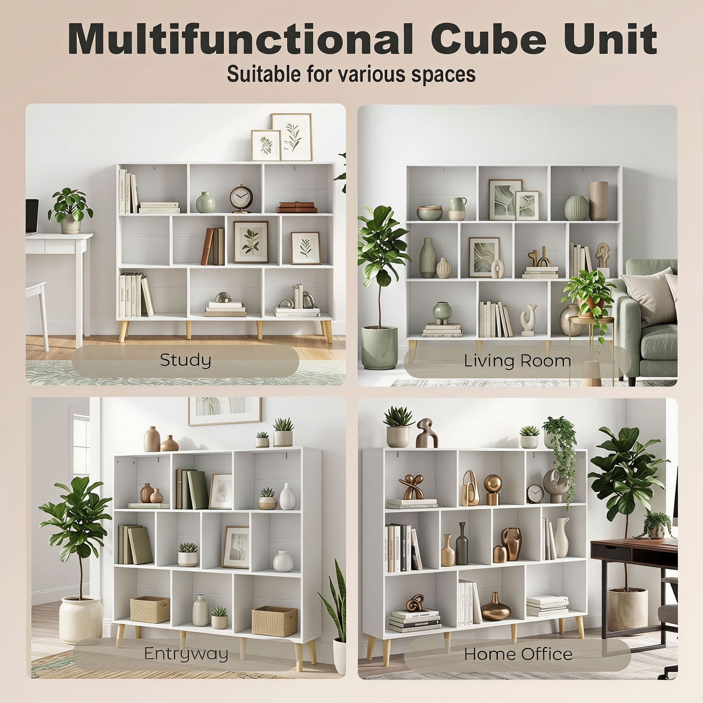 HOMCOM 10-Cube Bookcase with Solid Wood Legs, 140cm Modern 3-Tier Bookshelf, Anti-Tip Kit, White