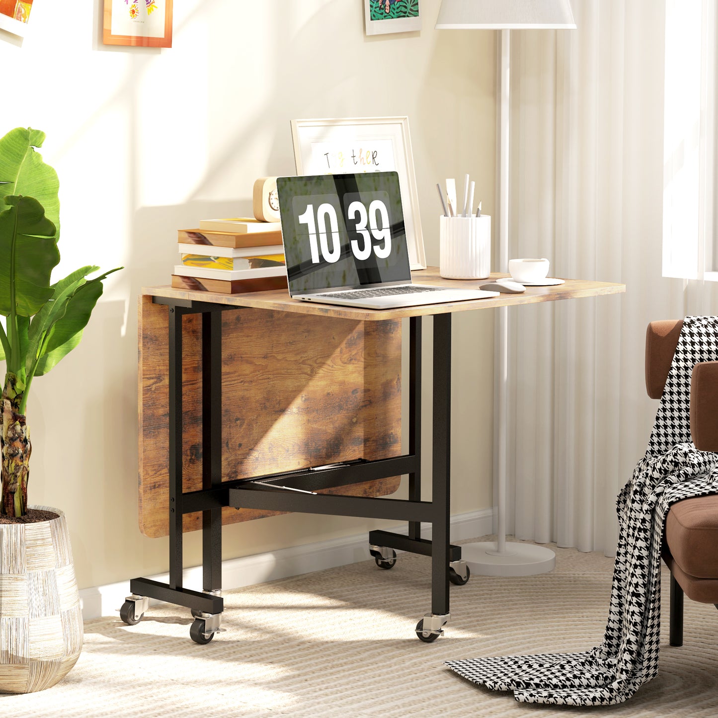 HOMCOM Six Seater Drop Leaf Dining Table With Wheels And Brakes Brown Wood Effect