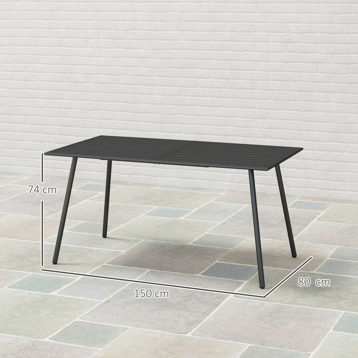 Outsunny Rectangle Garden Table With Slat Top And Steel Frame For Outdoor Use Seats 6 150x80x74 cm Black
