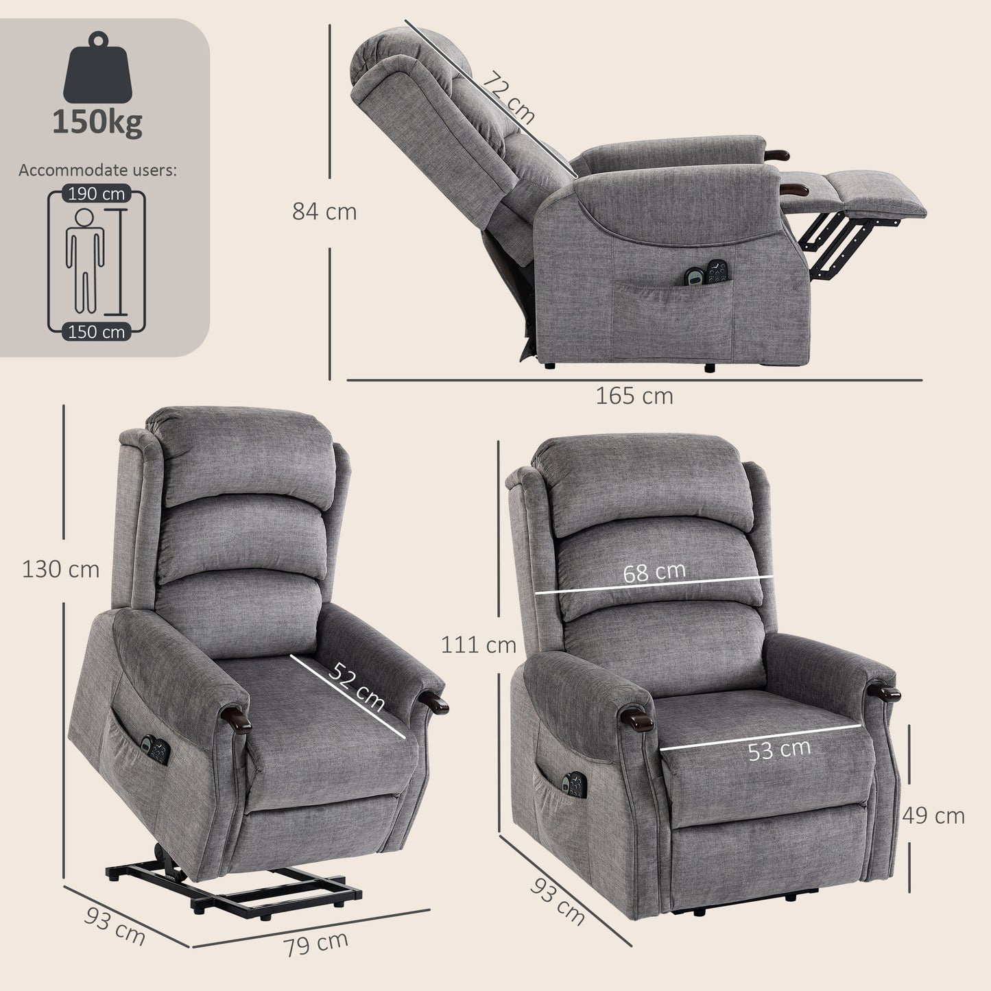 HOMCOM Power Lift Recliner With Vibration Massage And Heat For Tall Users Wood Grip Pocket Spring Light Grey