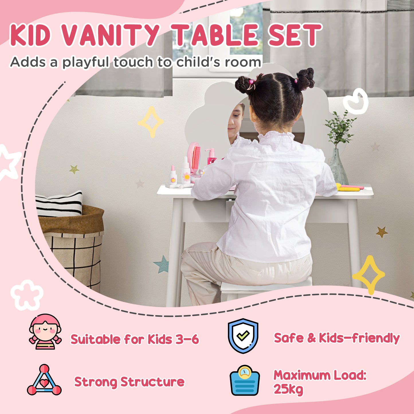 AIYAPLAY Kids Dressing Table Set With Mirror And Stool Drawer Cloud Design White