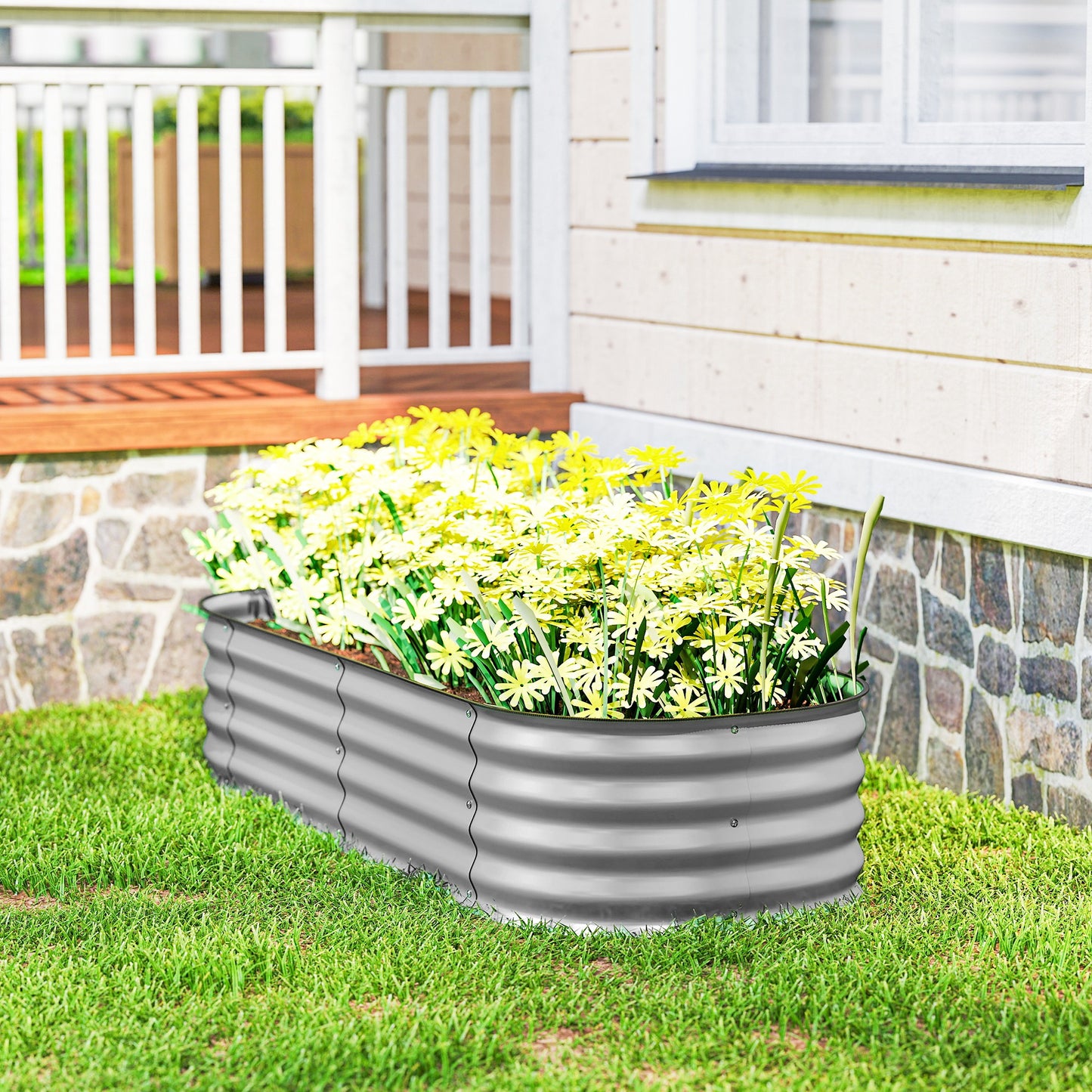 Outsunny Galvanised Raised Garden Bed Planter Box With Safety Edging For Flowers Herbs And Succulents Silver