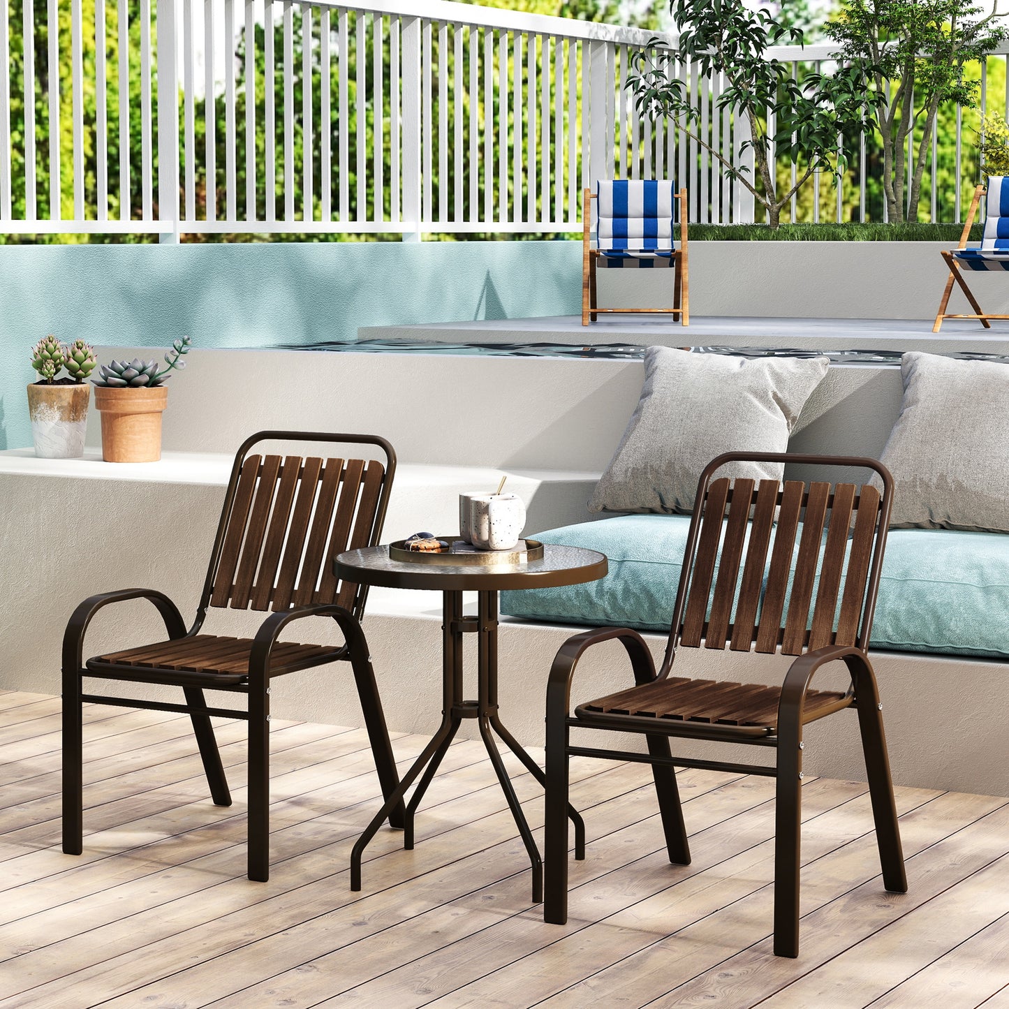 Outsunny 3 Pieces Patio Bistro Set With Stackable Chairs And Tempered Glass Table For Outdoor Balcony Garden Dark Brown