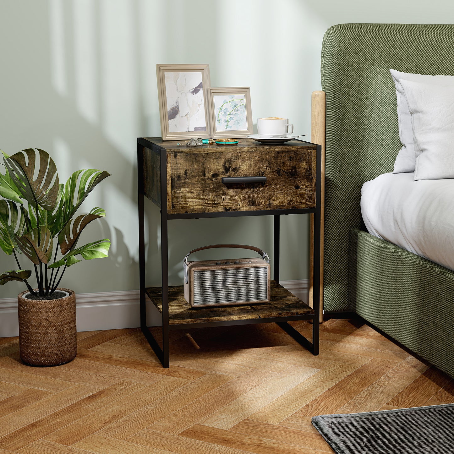 HOMCOM Modern Bedside Table With Drawer And Shelf In Rustic Brown And Black Frame