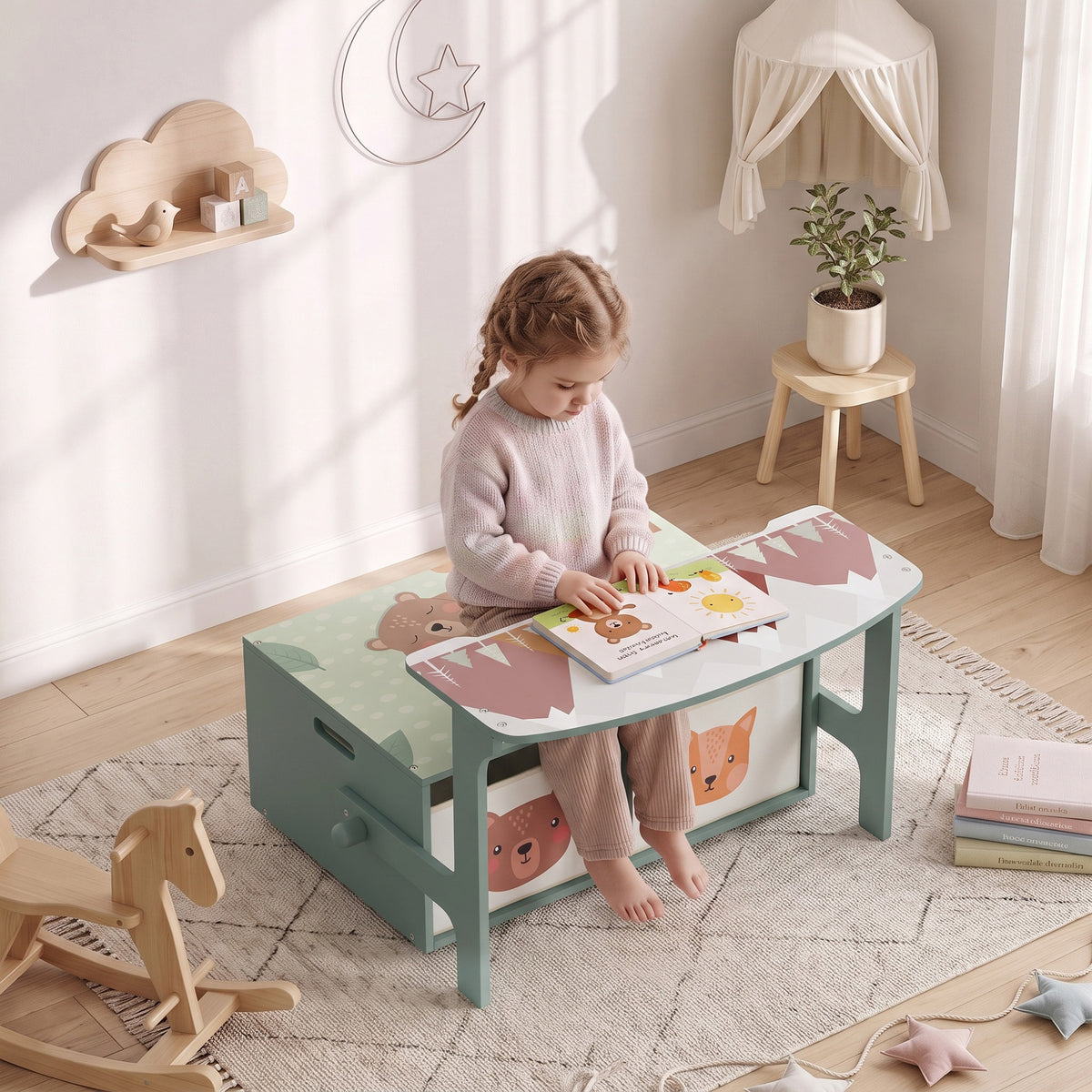 Kids activity table with woodland animal top and side storage drawers, green frame