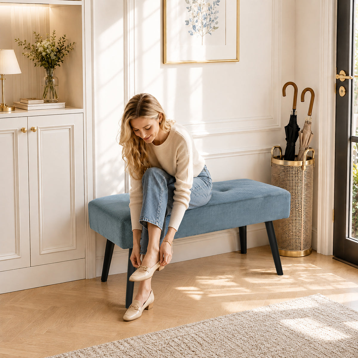 HOMCOM Blue Corduroy Tufted End Of Bed Bench With Padded Seat And Steel Legs