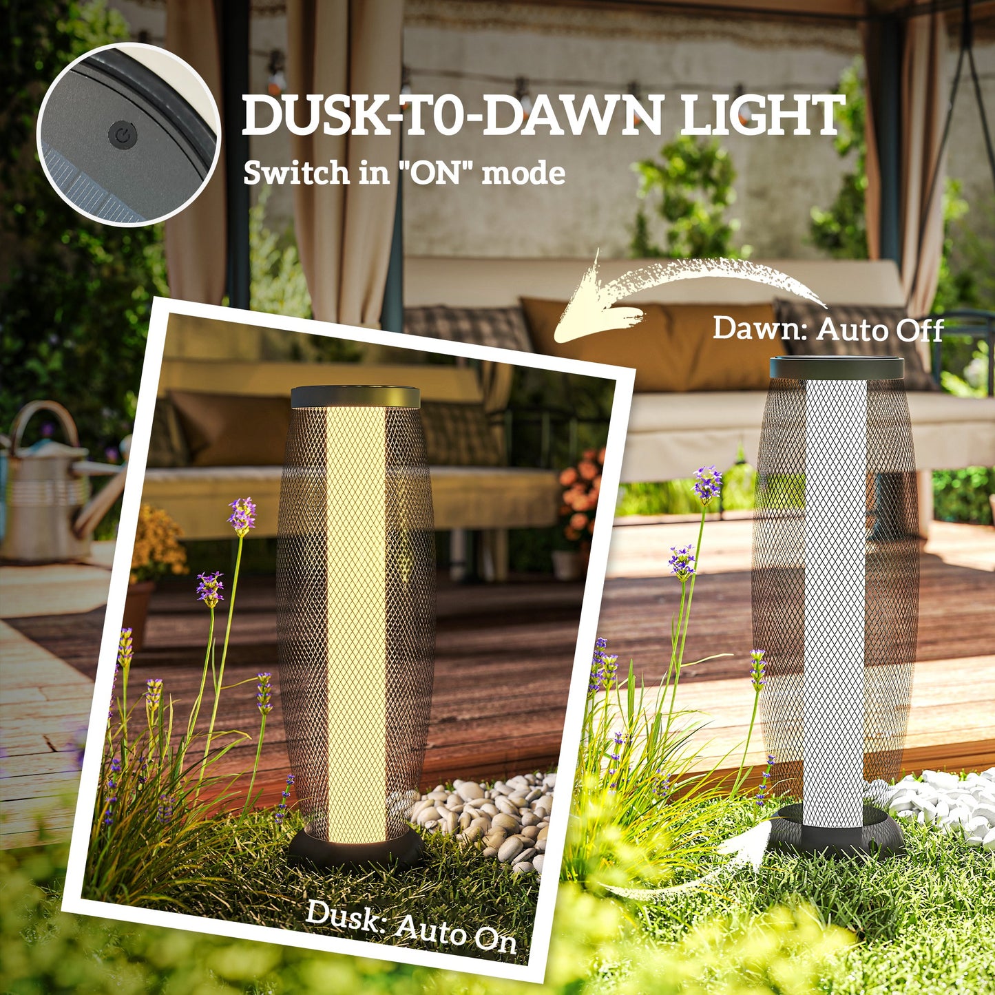 Outsunny 71.5 cm Tall Garden Solar Floor Lamp With Metal Wire Shade IP44 Auto On Off LED Black Outdoor Pathway Light
