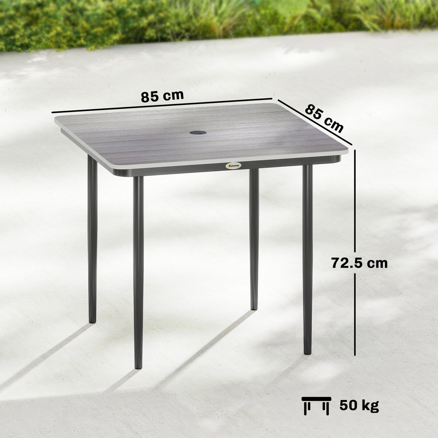 Outsunny Garden Dining Table For 4 With Umbrella Hole 85 Cm Square Faux Wood Top And Metal Legs Light Grey
