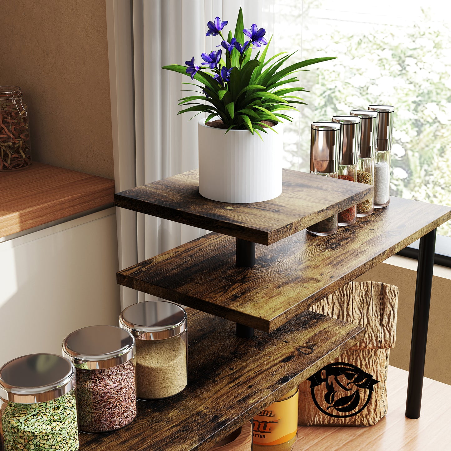 HOMCOM 3 Tier Kitchen Countertop Organizer with Adjustable Spice Rack Corner Shelf for Kitchen Coffee Bar Bathroom