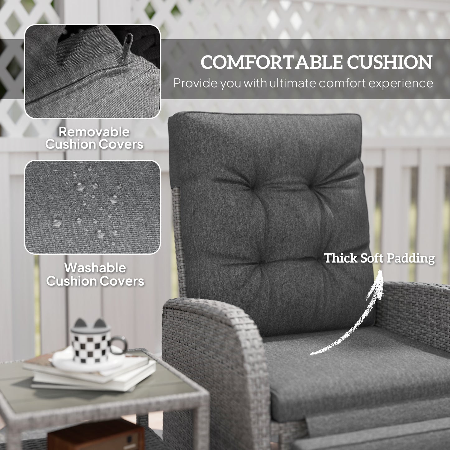 Outsunny 2 Seater Outdoor Patio Rattan Wicker Chaise Lounge Set With Cushions No Assembly Grey