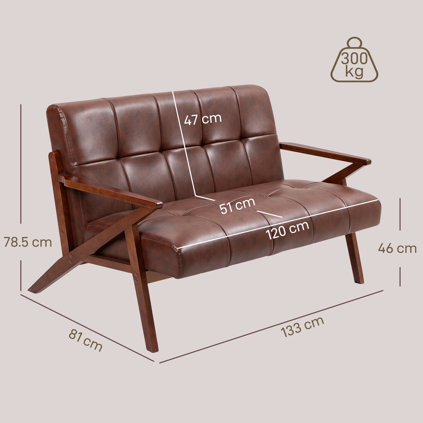 HOMCOM Compact 2 Seater Sofa Vintage Tufted Loveseat With Solid Wood Legs PU Leather Small Couch Settee Living Room