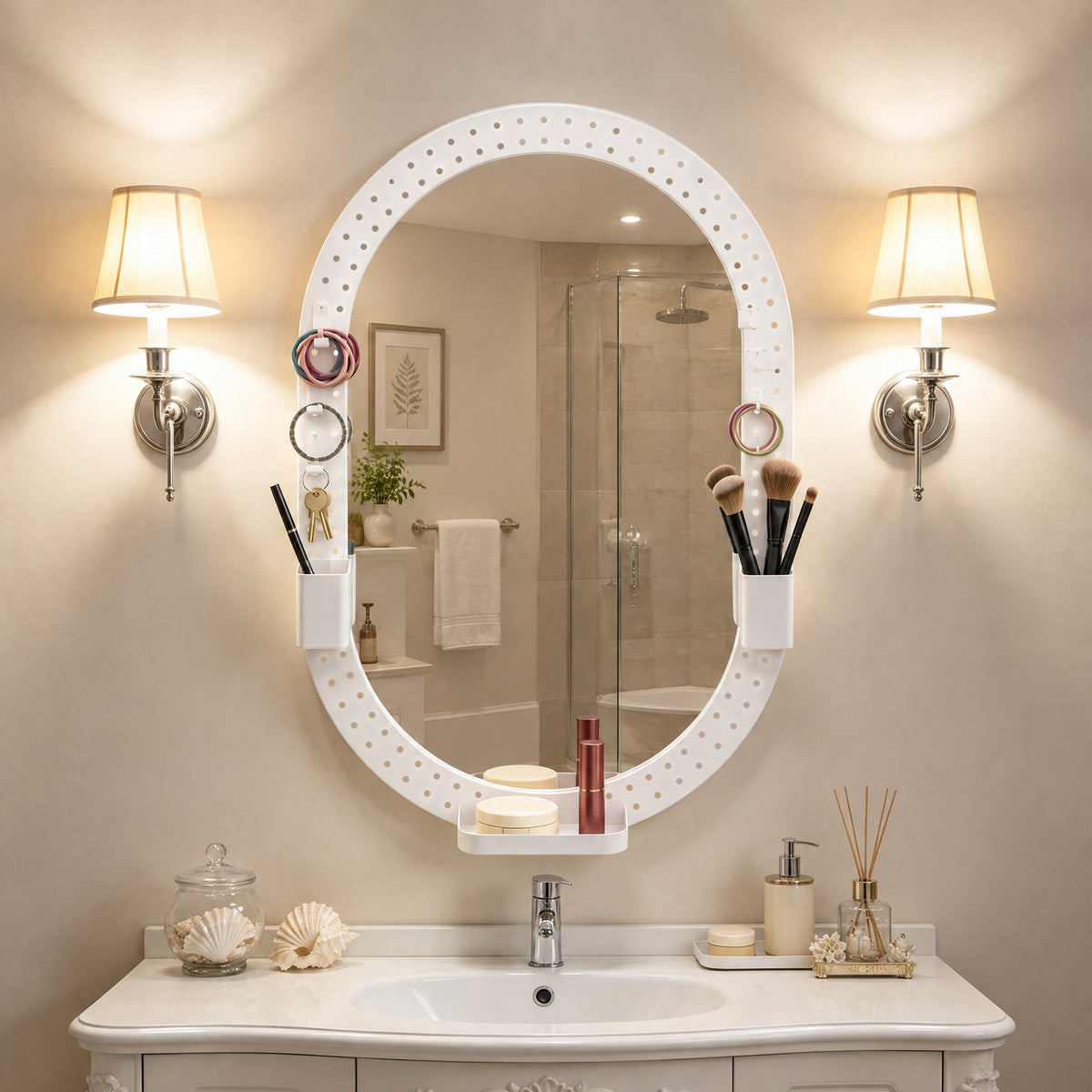White oval mirror above sink with pegboard storage hooks and holders