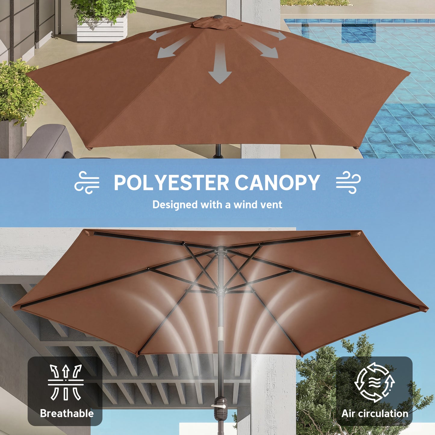 Outsunny 2.6m Garden Parasol Umbrella With Aluminium Pole Tilt And Crank Vent Outdoor Patio Coffee