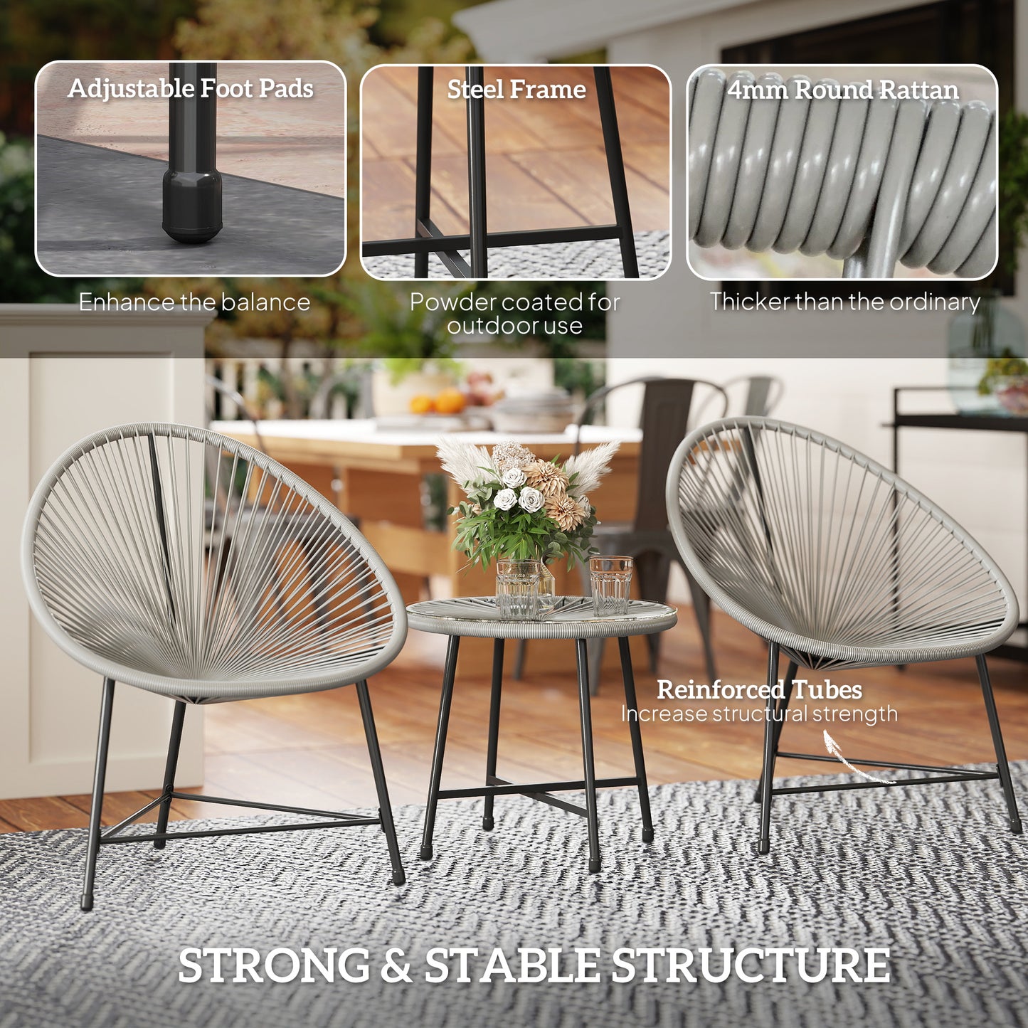 Outsunny 3 Piece Rattan Bistro Set With Acapulco Chairs Glass Top Table Reinforced Metal Frame For Outdoor Patio Grey