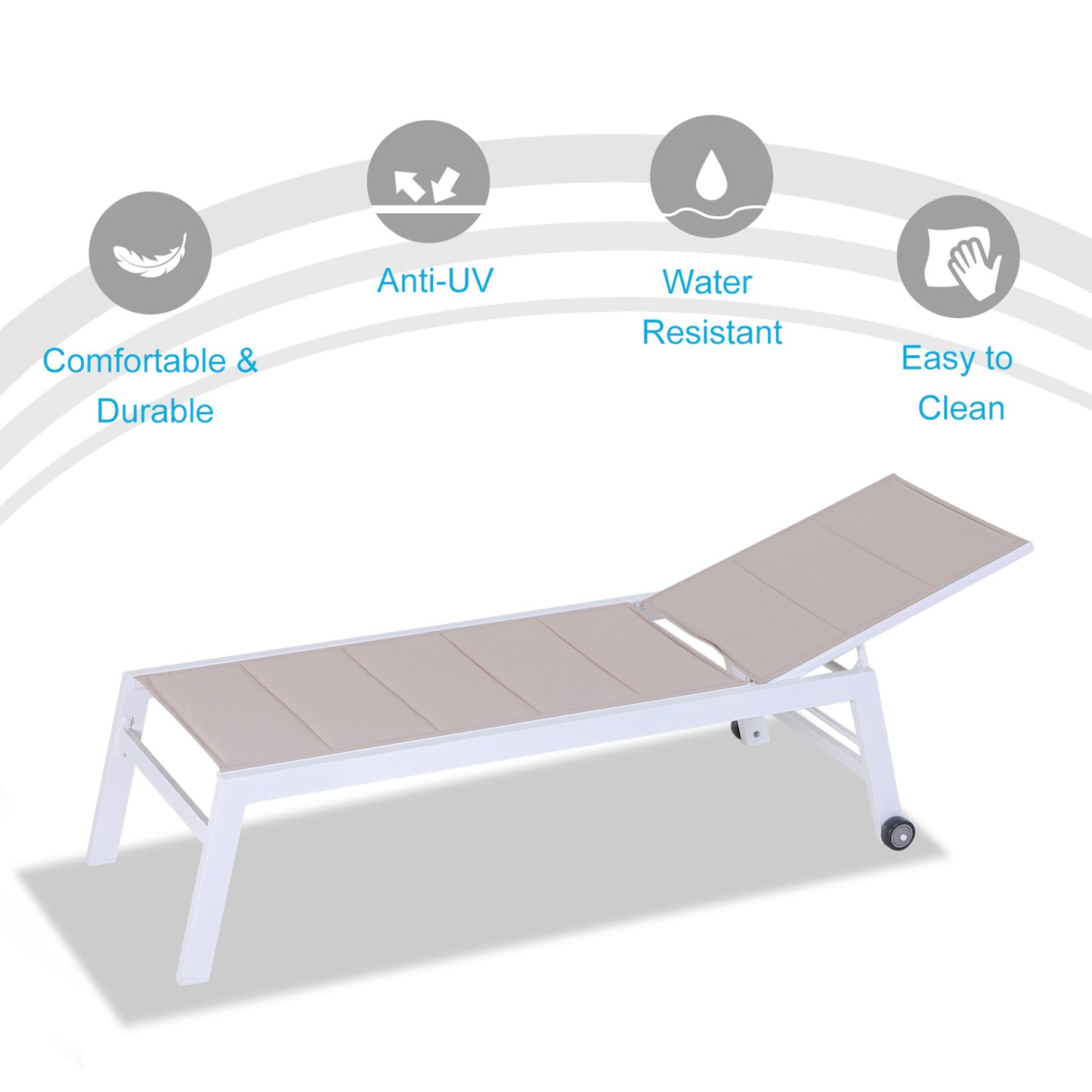 Outsunny Adjustable Aluminium Garden Sun Lounger with Padded Texteline Seat and Wheels - White - ALL4U RETAILER LTD