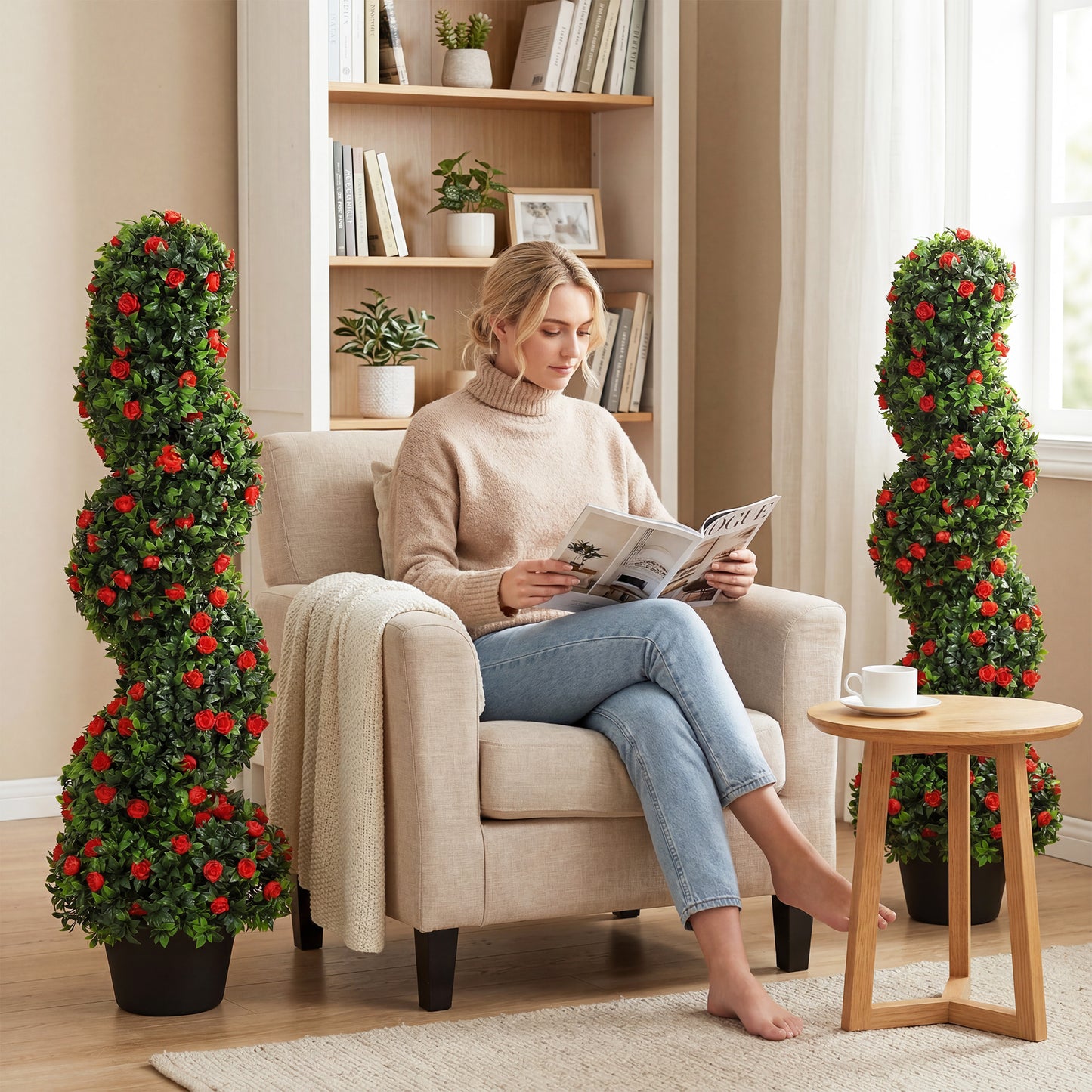 HOMCOM Artificial Rose Spiral Topiary Tree Set Of 2 For Indoor Outdoor Use 90cm With 630 Leaves