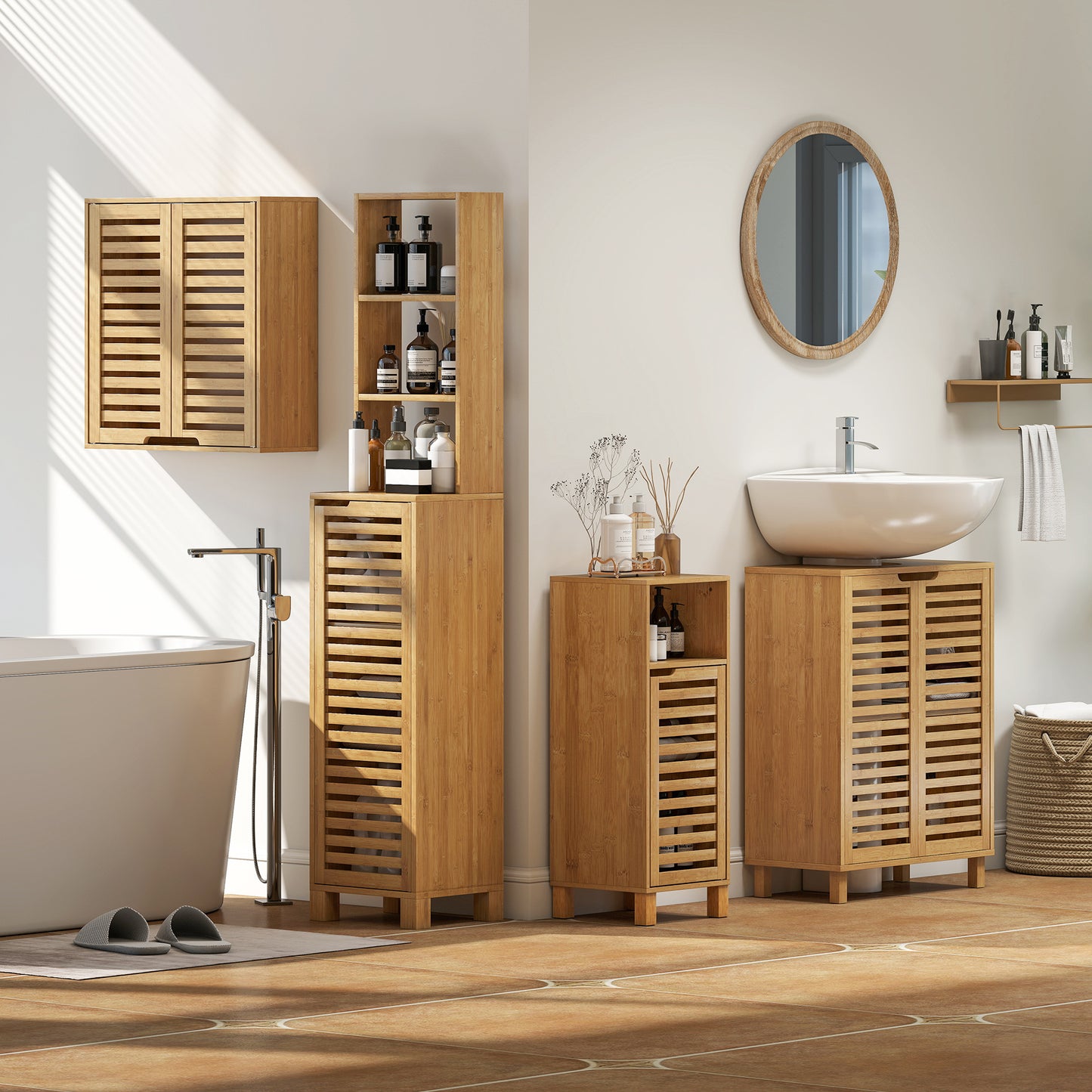 HOMCOM Under Sink Bathroom Cabinet Freestanding Bamboo Cabinet With Louvered Doors Adjustable Shelf Natural Finish