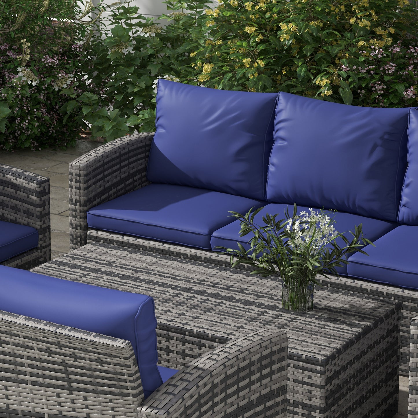 Outsunny 6 Piece Rattan Garden Furniture Set 7 Seater Navy Blue Wicker Sofa With Storage Tea Table And Side Table