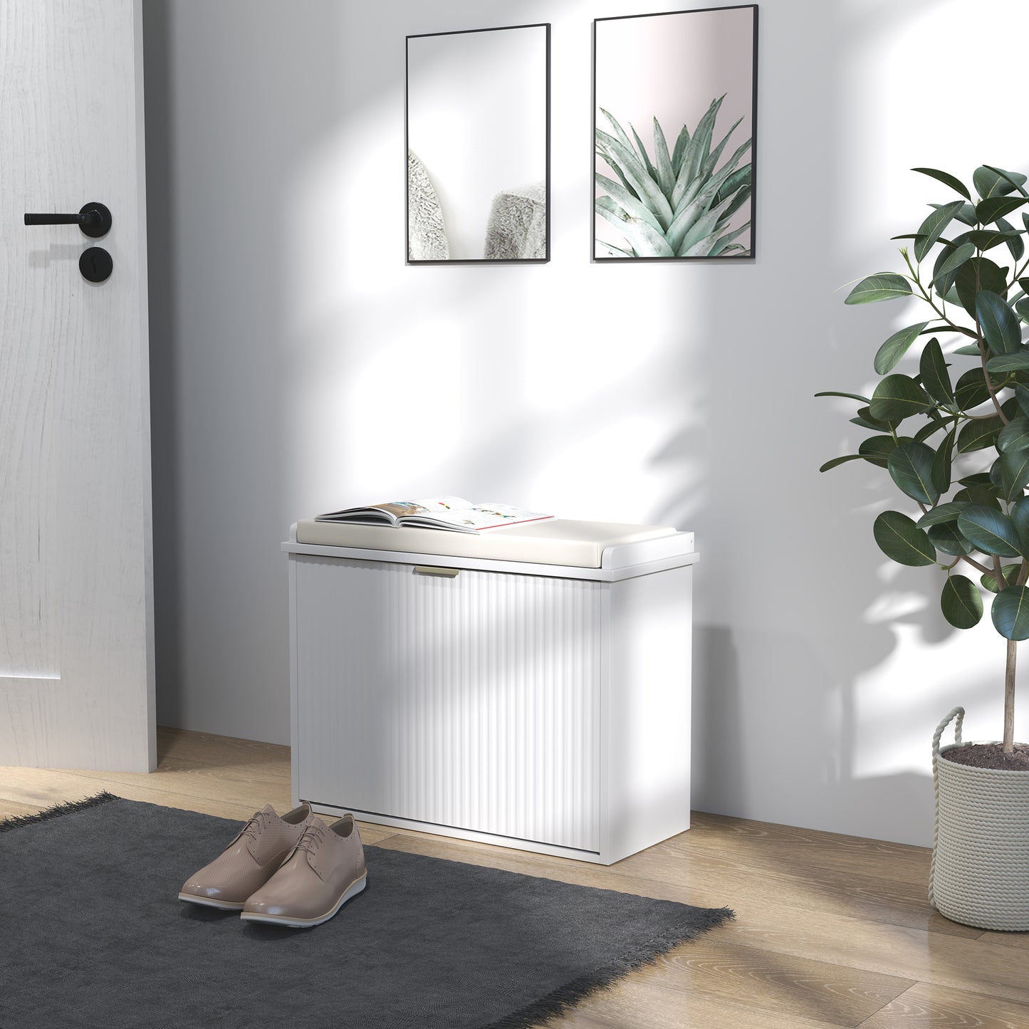 HOMCOM Elegant Six Shoe Bench With Top Seat And 120 Kg Weight Capacity Front Flip Drawer In White