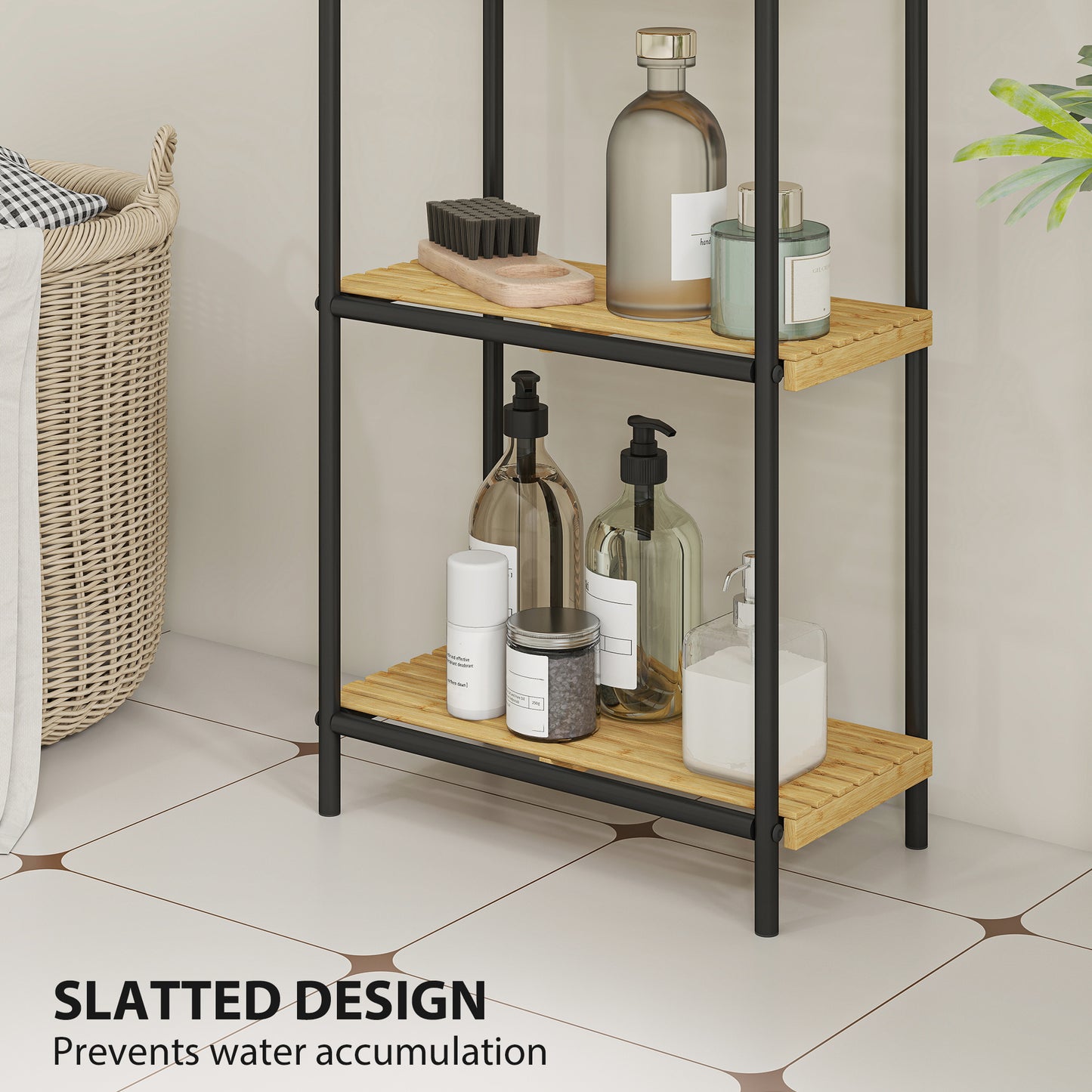 HOMCOM 3 Tier Bamboo Bathroom Storage Shelf Freestanding Narrow Shelving Unit With Slatted Shelves Natural Black