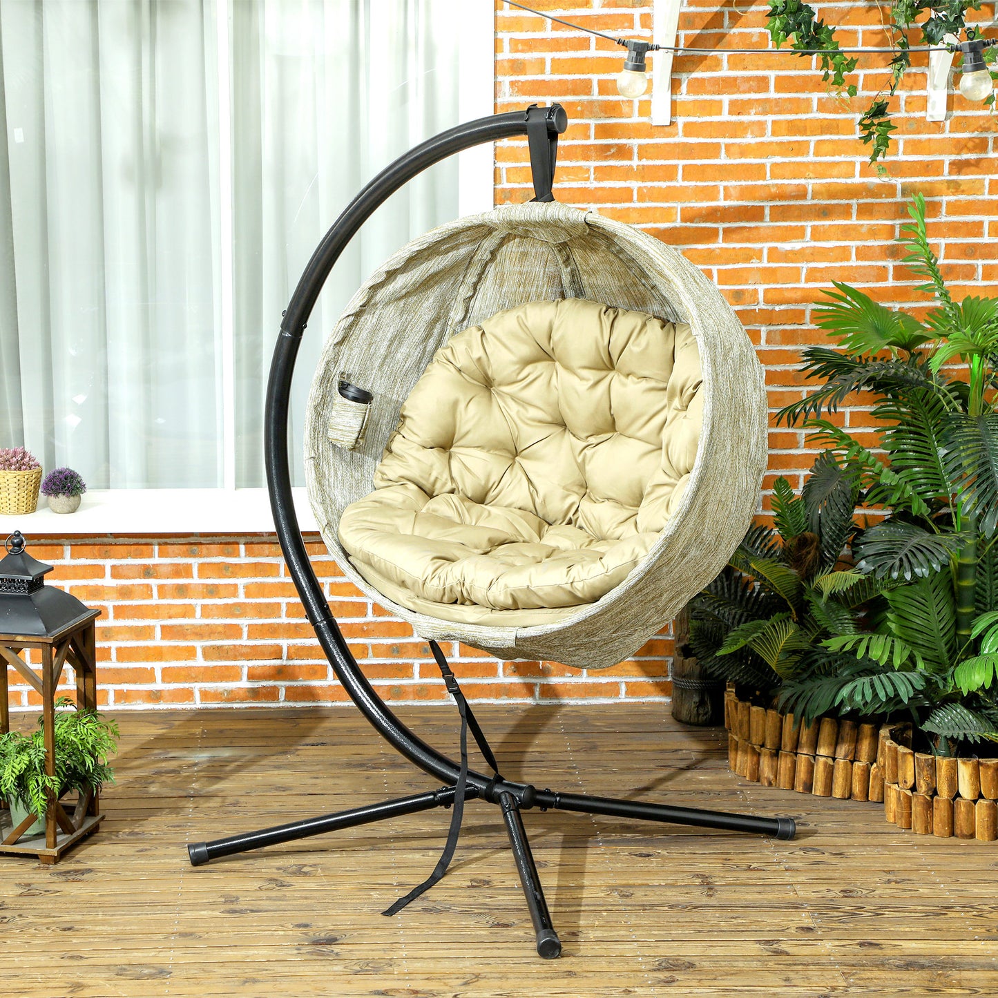 Outsunny Hanging Egg Chair Garden Swing With Folding Basket Thick 13cm Cushion Cup Holder Patio Khaki