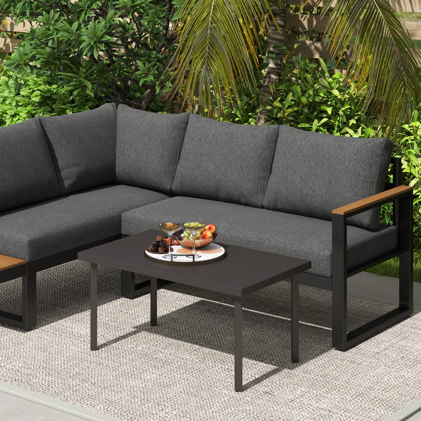 Metal Outdoor Garden Coffee Table With Woodgrain Top For Patio Balcony Porch 95 x 55 x 46 cm Brown