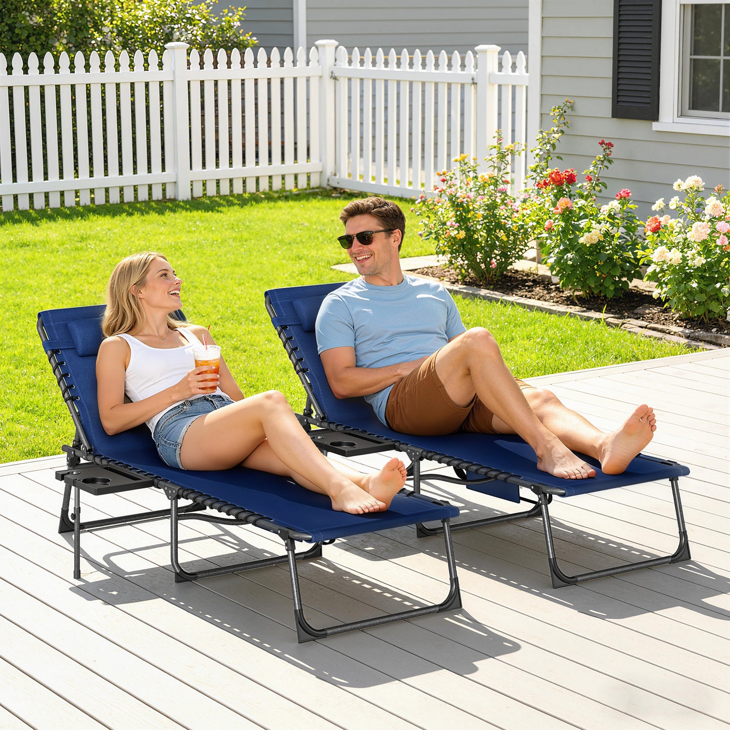 Outsunny Five Position Adjustable Reclining Sun Loungers Set Of 2 In Dark Blue With Steel Frames