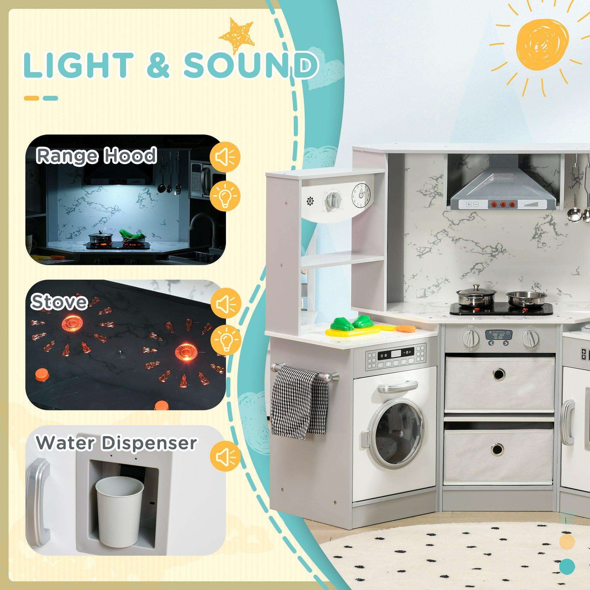 AIYAPLAY Toy Kitchen with Running Water, Lights, Sounds, Apron, Chef Hat, Water Dispenser - Grey - ALL4U RETAILER LTD