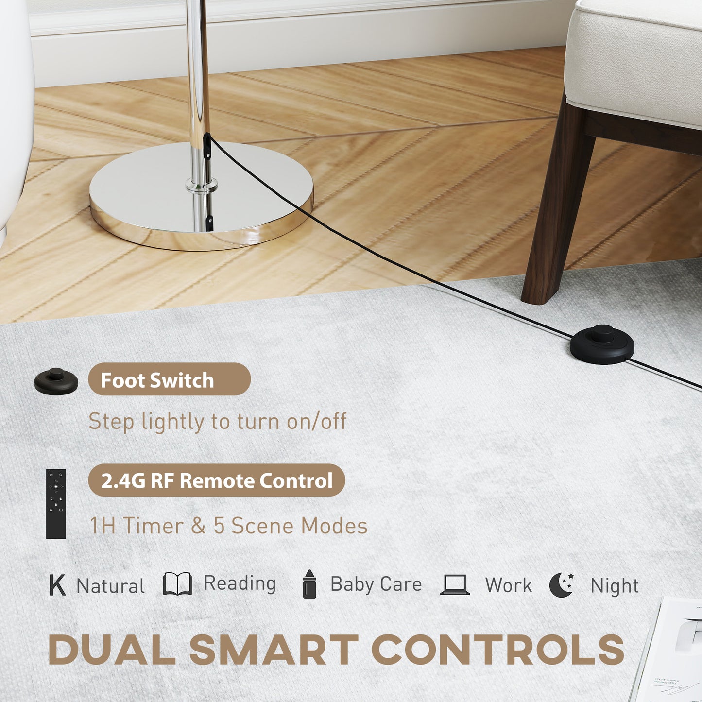 HOMCOM Floor Lamp With Remote Height Adjustable Linen Shade Dimmable 3000K 6000K Color Temperatures Foot Switch Silver