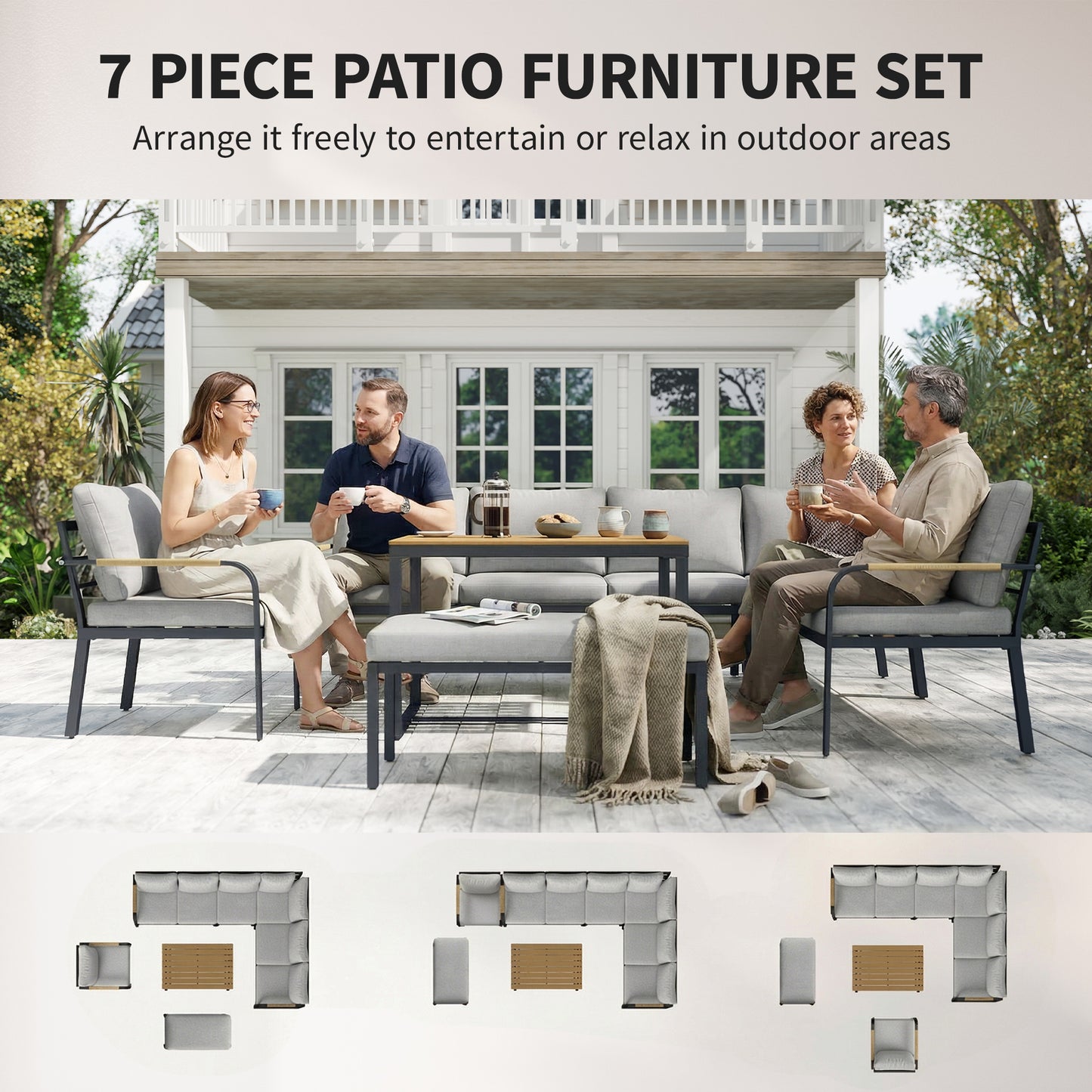 Outsunny 7 Piece Outdoor Garden Furniture Set With Cushions Rattan Sofa Table And Chairs For Patio Light Grey
