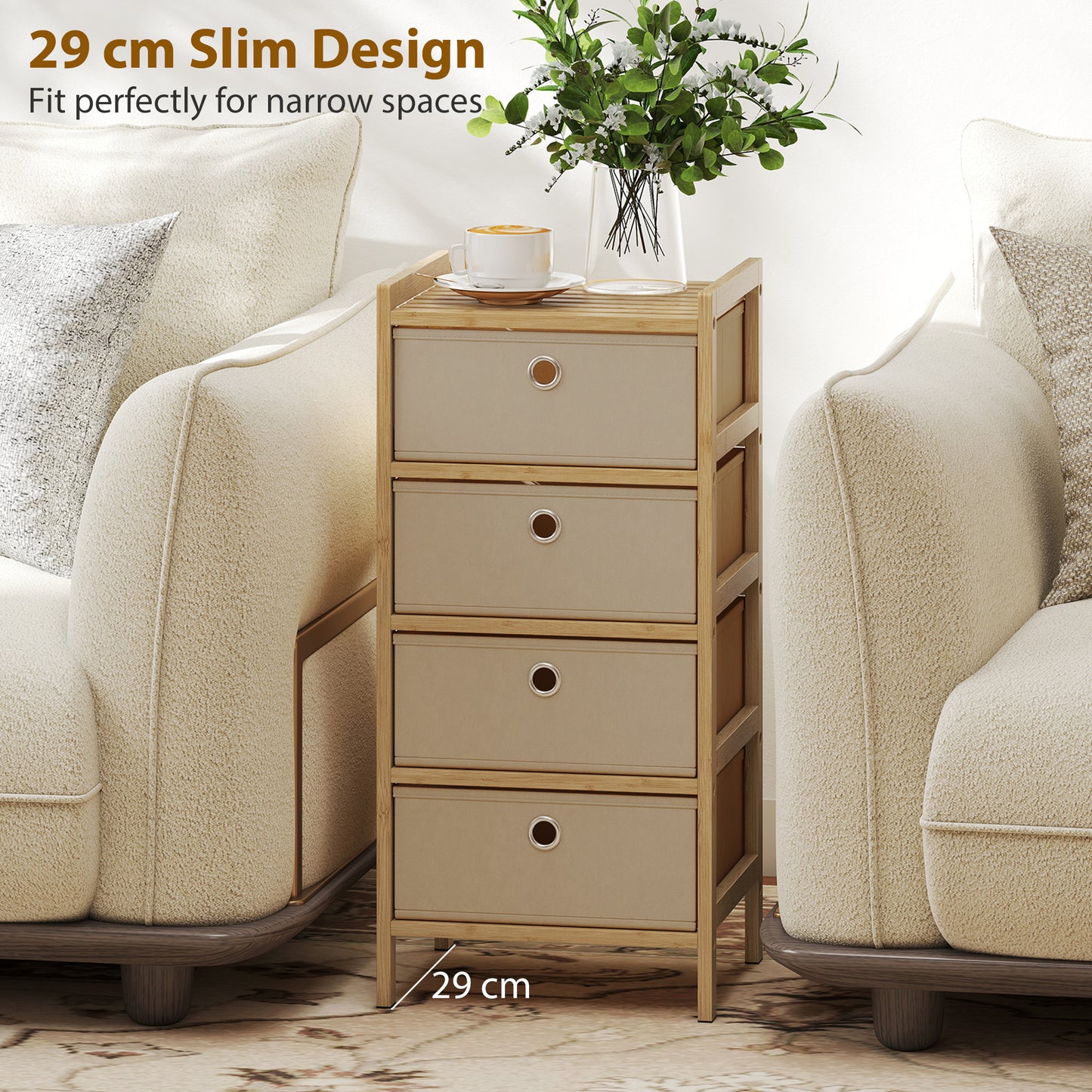 HOMCOM Chest Of Drawers With Bamboo Frame And Four Fabric Drawers Narrow Dresser Cream White