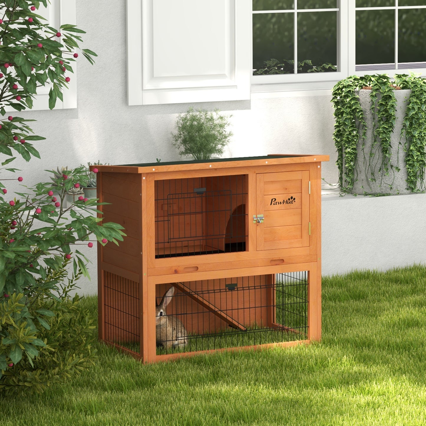 PawHut Two Tier Antiseptic Wood Rabbit Hutch 80cm Guinea Pig Hutch with Run Orange - ALL4U RETAILER LTD