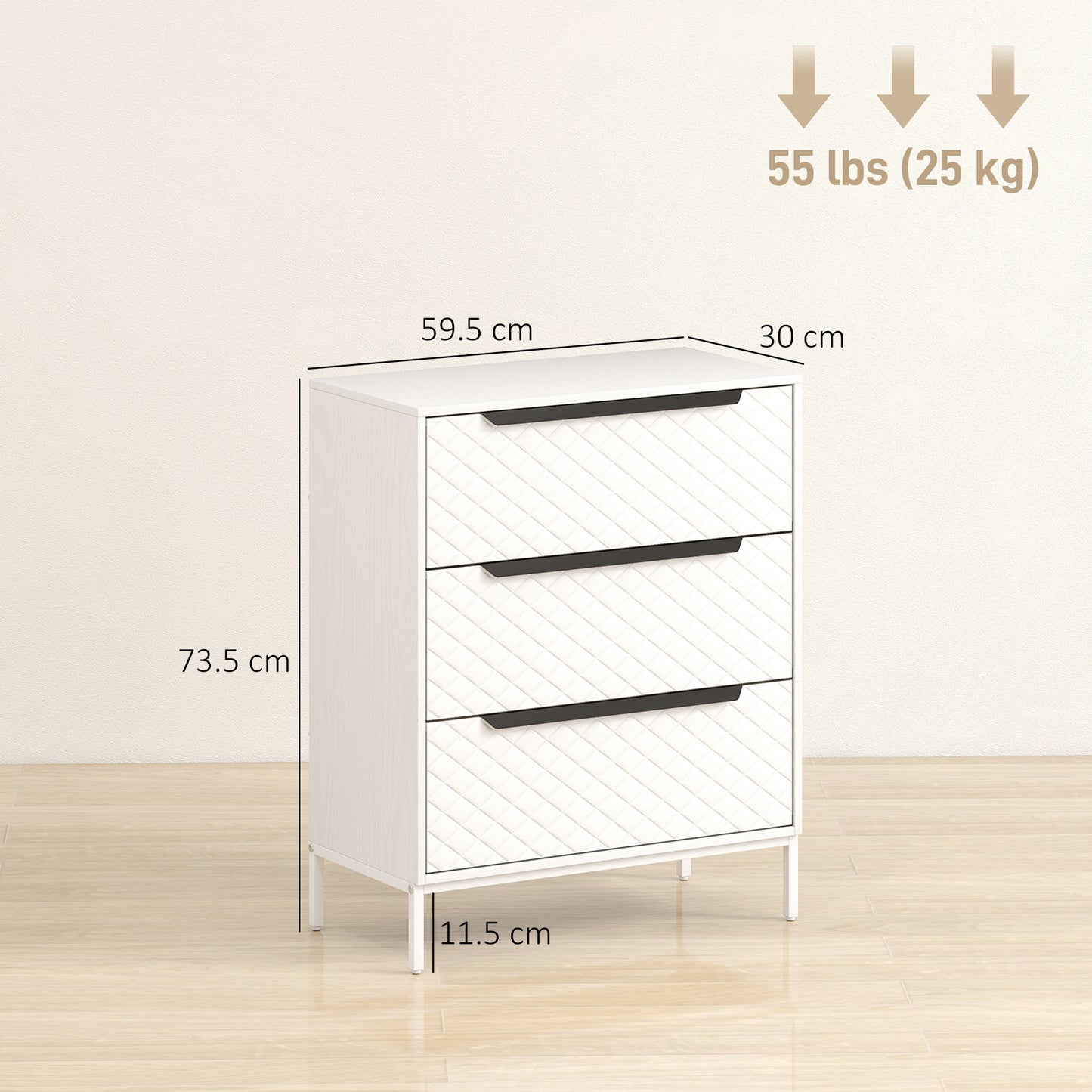 HOMCOM Fabric Chest Of Drawers With Three Drawers And Aluminium Handles White Finish