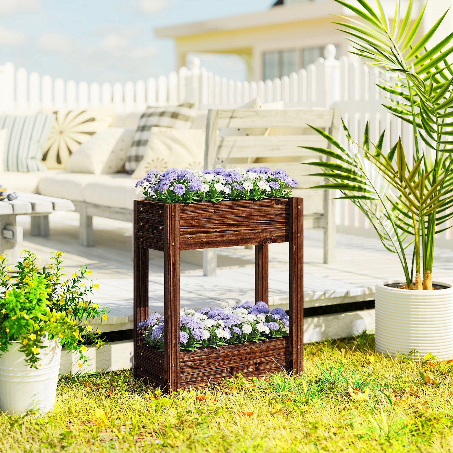 Outsunny 2 Tier Wooden Raised Planter Bed On Legs With Drainage Holes And Bed Liner Elevated Garden Planter
