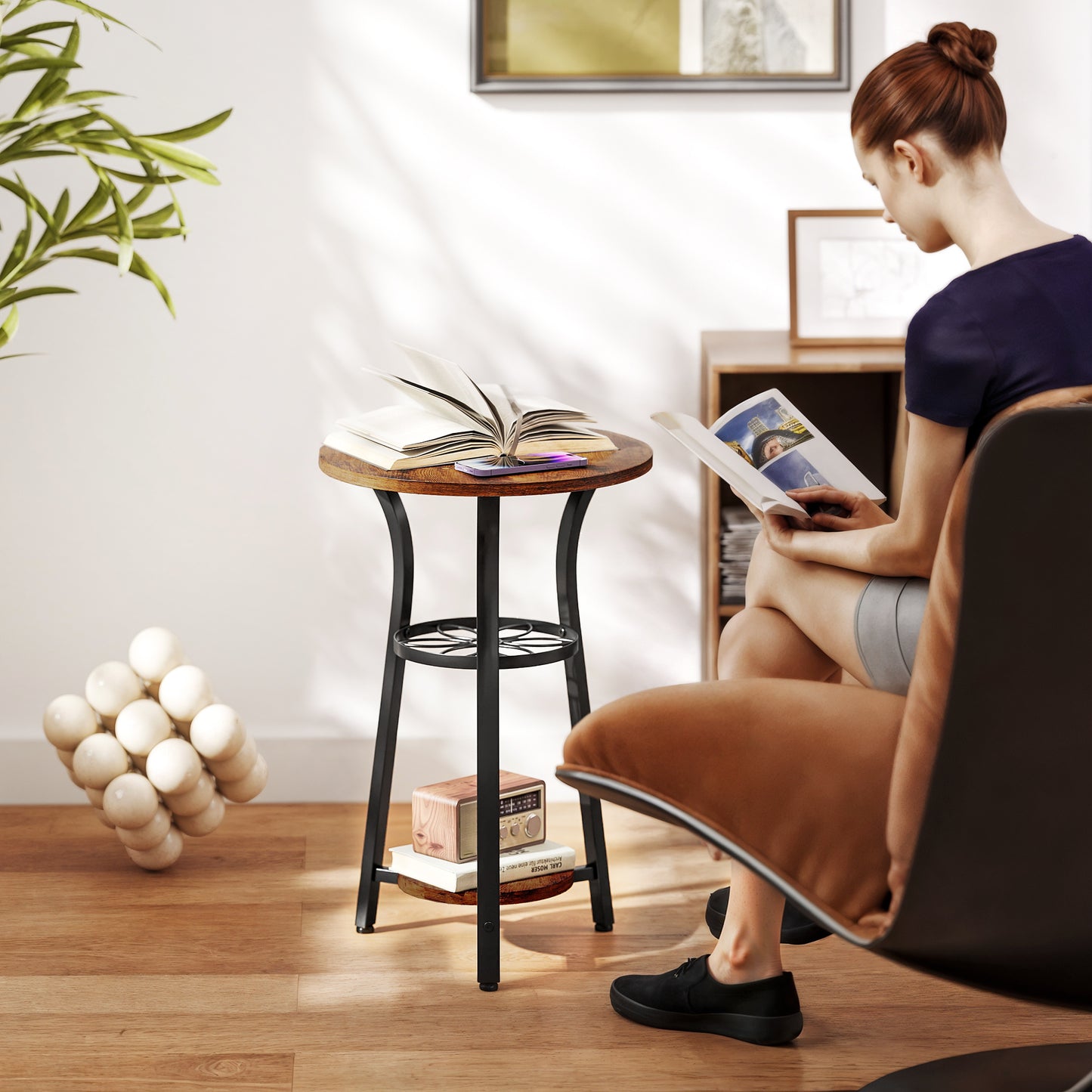 HOMCOM Small Round Side Table With Three Storage Shelves Rustic Brown And Black Metal Frame End Table