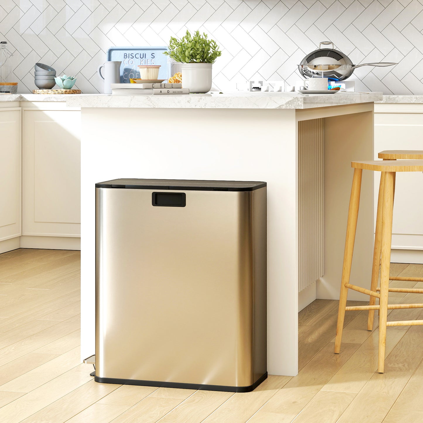 HOMCOM Dual Kitchen Bin With Soft Close Butterfly Lid 2 x 28L Stainless Steel Pedal Bins Fingerprint Proof Silver Tone
