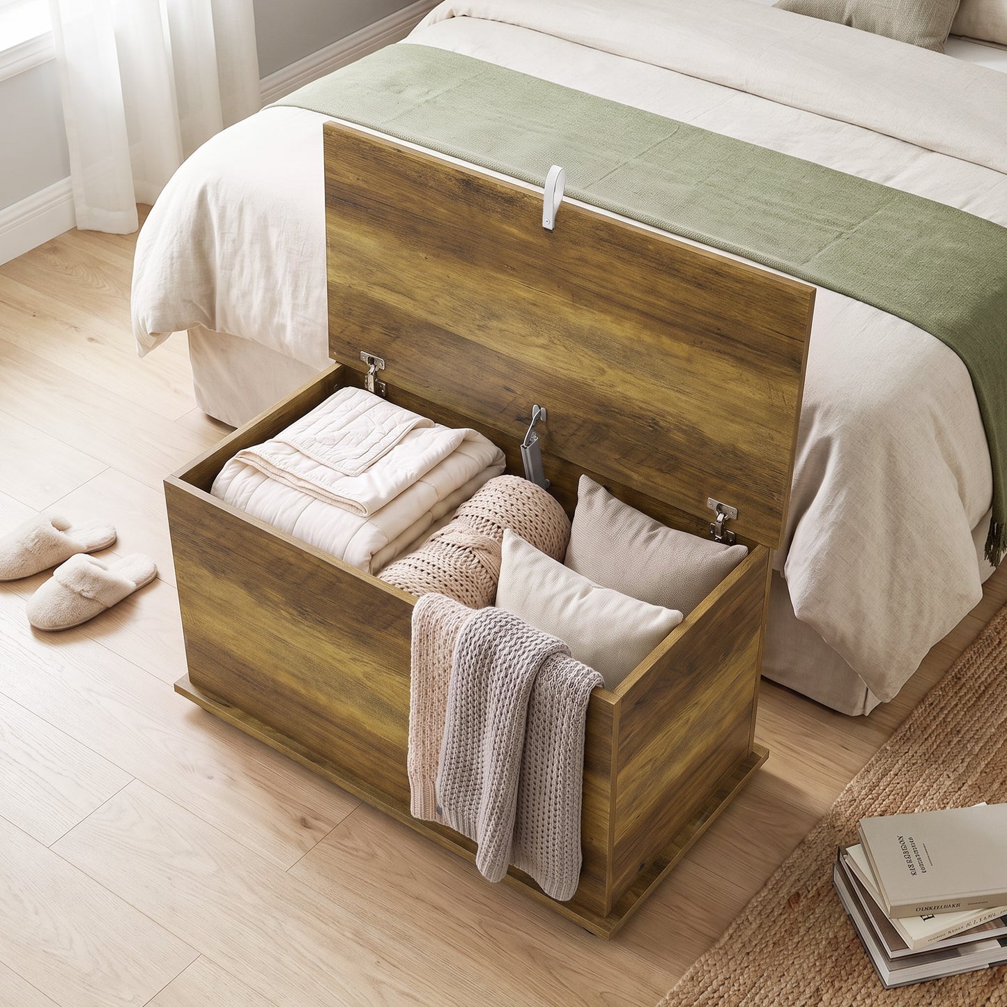 HOMCOM Storage Chest 102L Blanket Box Shoe Bench With Safety Hinged Lid Bed End Bench 80x40x45cm Brown