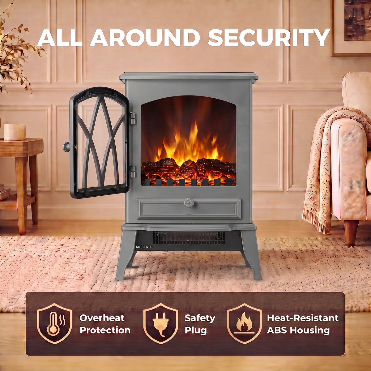 HOMCOM 1KW To 2KW Vintage Electric Fireplace Heater Grey With Thermostat