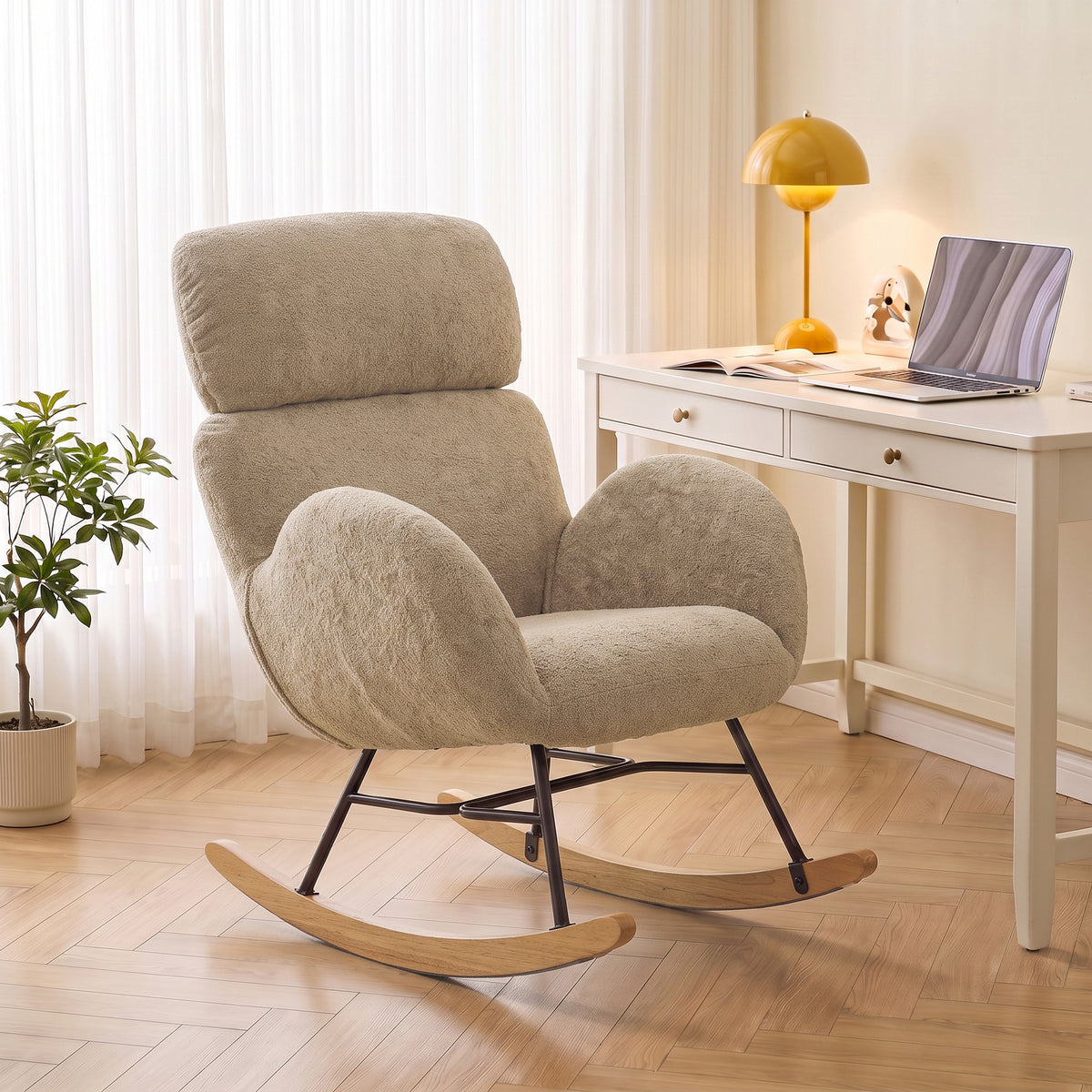 HOMCOM Upholstered Rocking Chair with Adjustable Headrest Light Brown Velvet