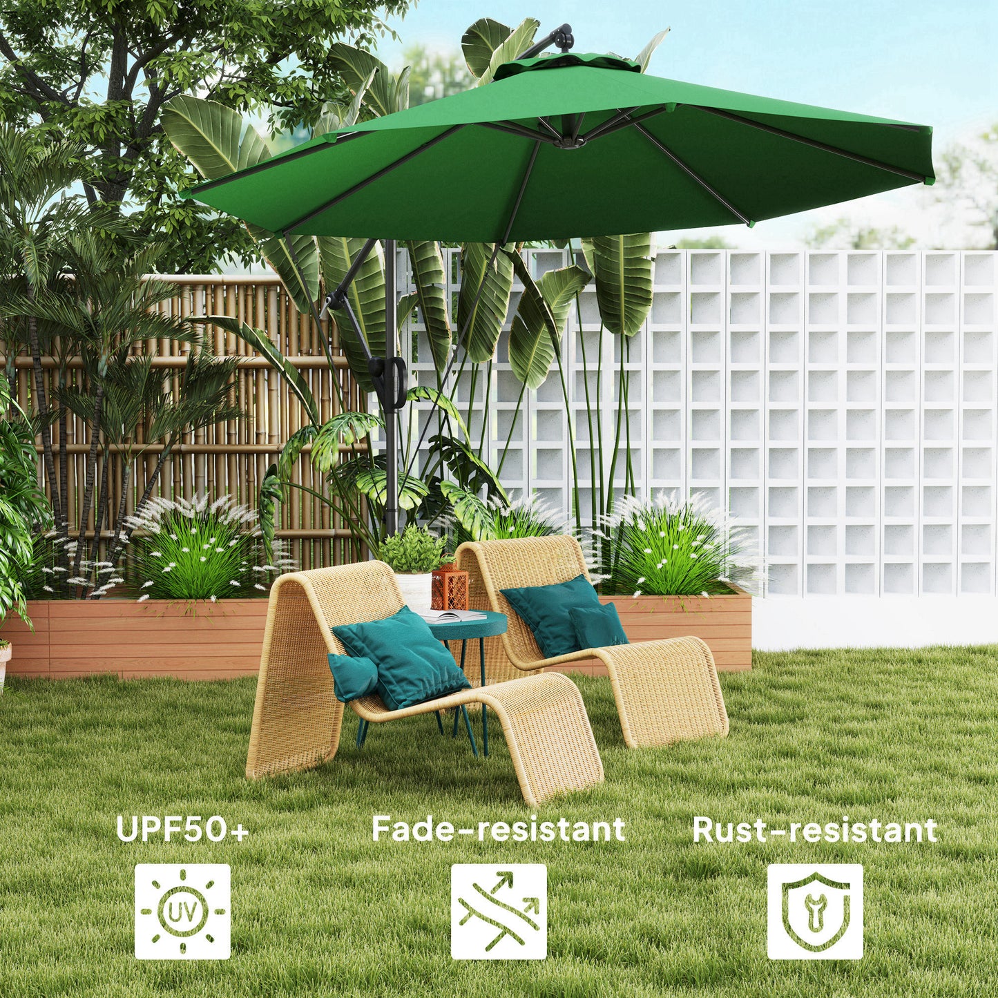 Outsunny 3m Cantilever Parasol With Cover And Wind Straps Banana Patio Umbrella Crank Tilt UPF50Plus Green