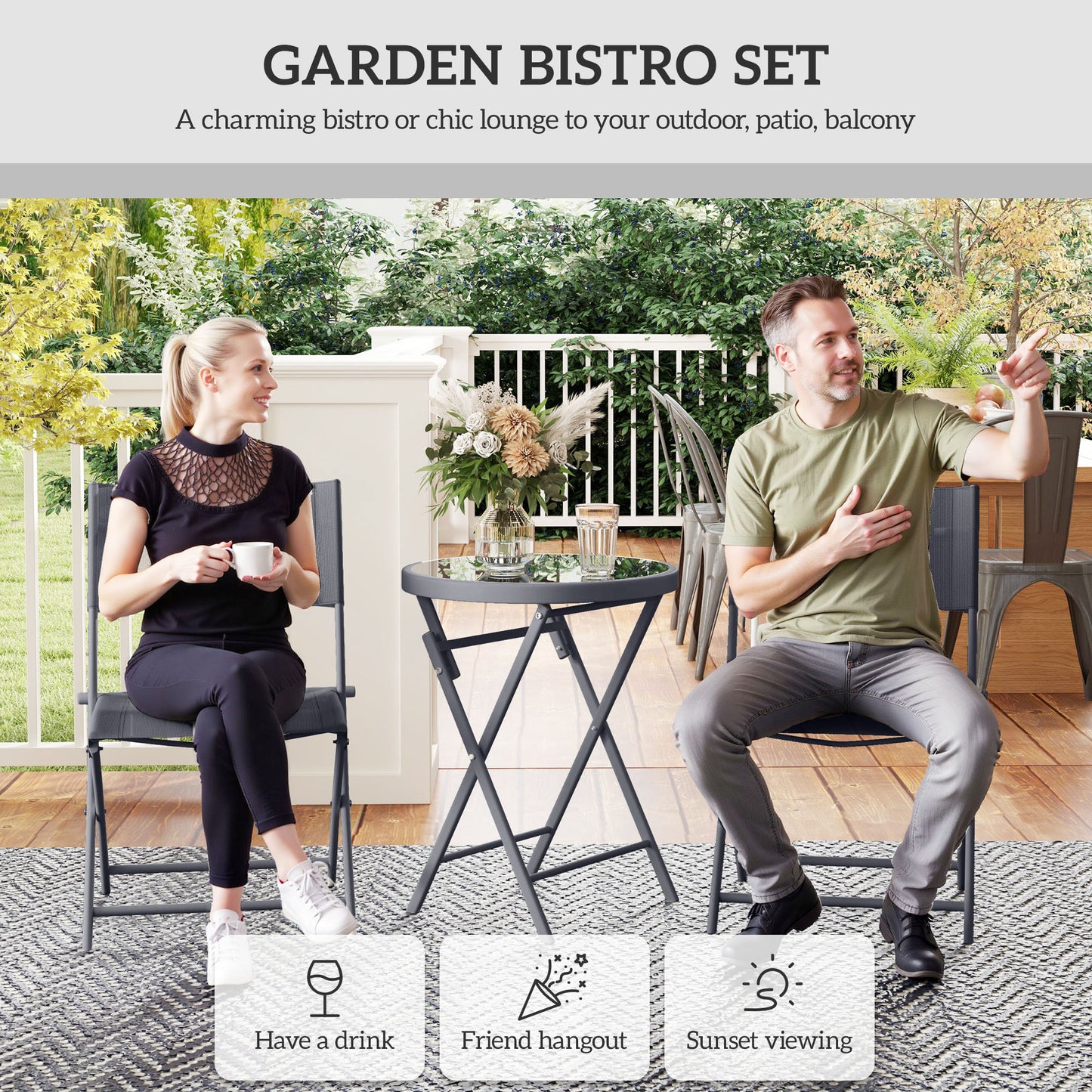 Outsunny 3 Piece Outdoor Bistro Set With Glass Top Table And Two Folding Chairs Protective Feet Black