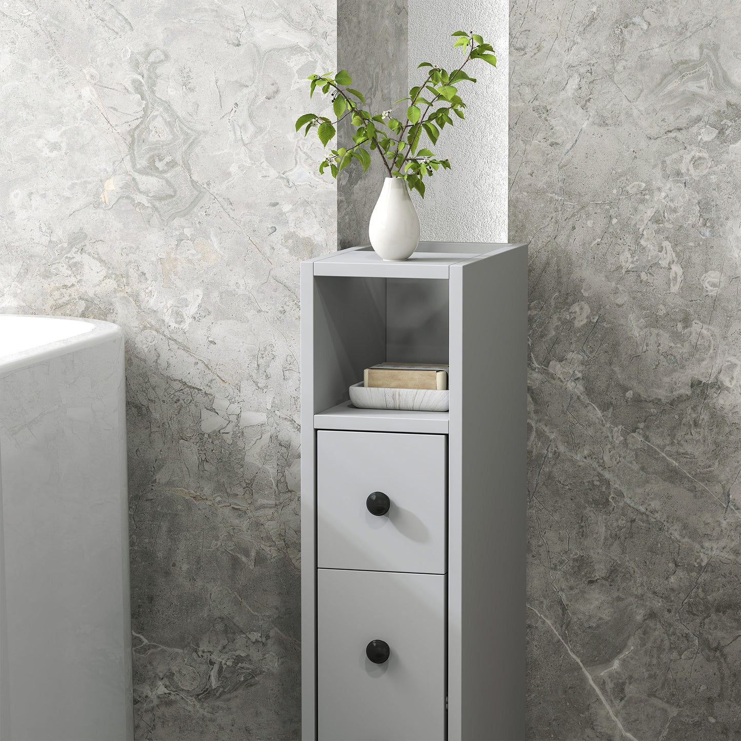 Kleankin Slimline Bathroom Storage Cabinet Grey With Top Drawer And Two Open Compartments