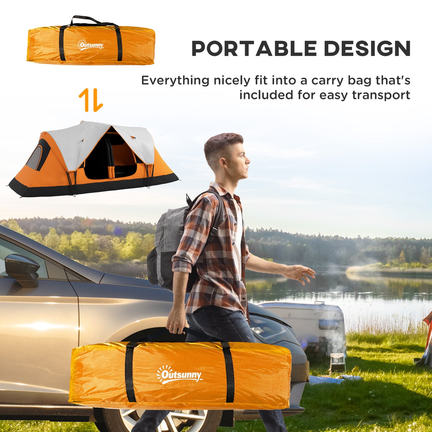 Outsunny Spacious 6-8 Person Waterproof Camping Tent with Removable Rainfly and Carry Bag, Orange - ALL4U RETAILER LTD