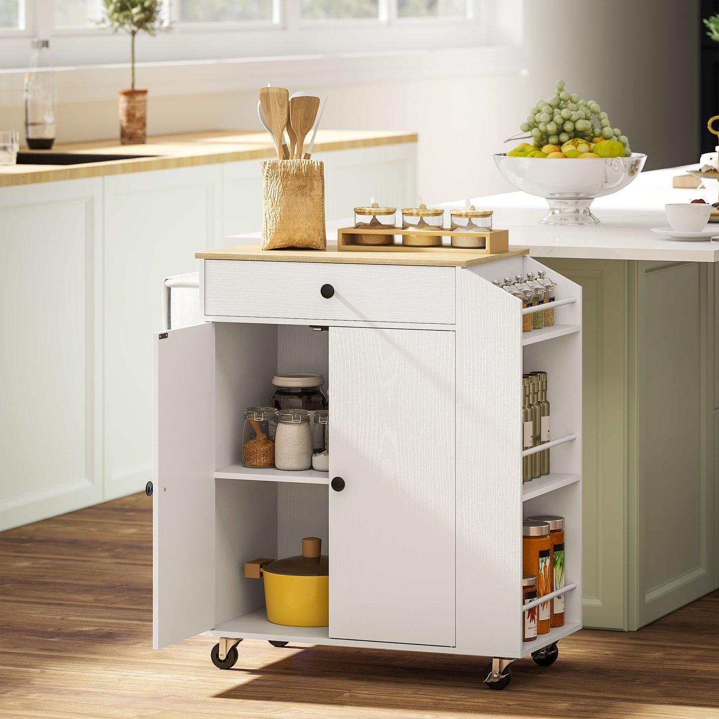 HOMCOM Rolling Kitchen Island With 3 Tier Spice Rack And Drawer Towel Rack White