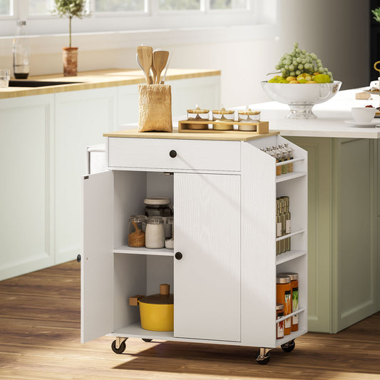 HOMCOM Rolling Kitchen Island With 3 Tier Spice Rack And Drawer Towel Rack White