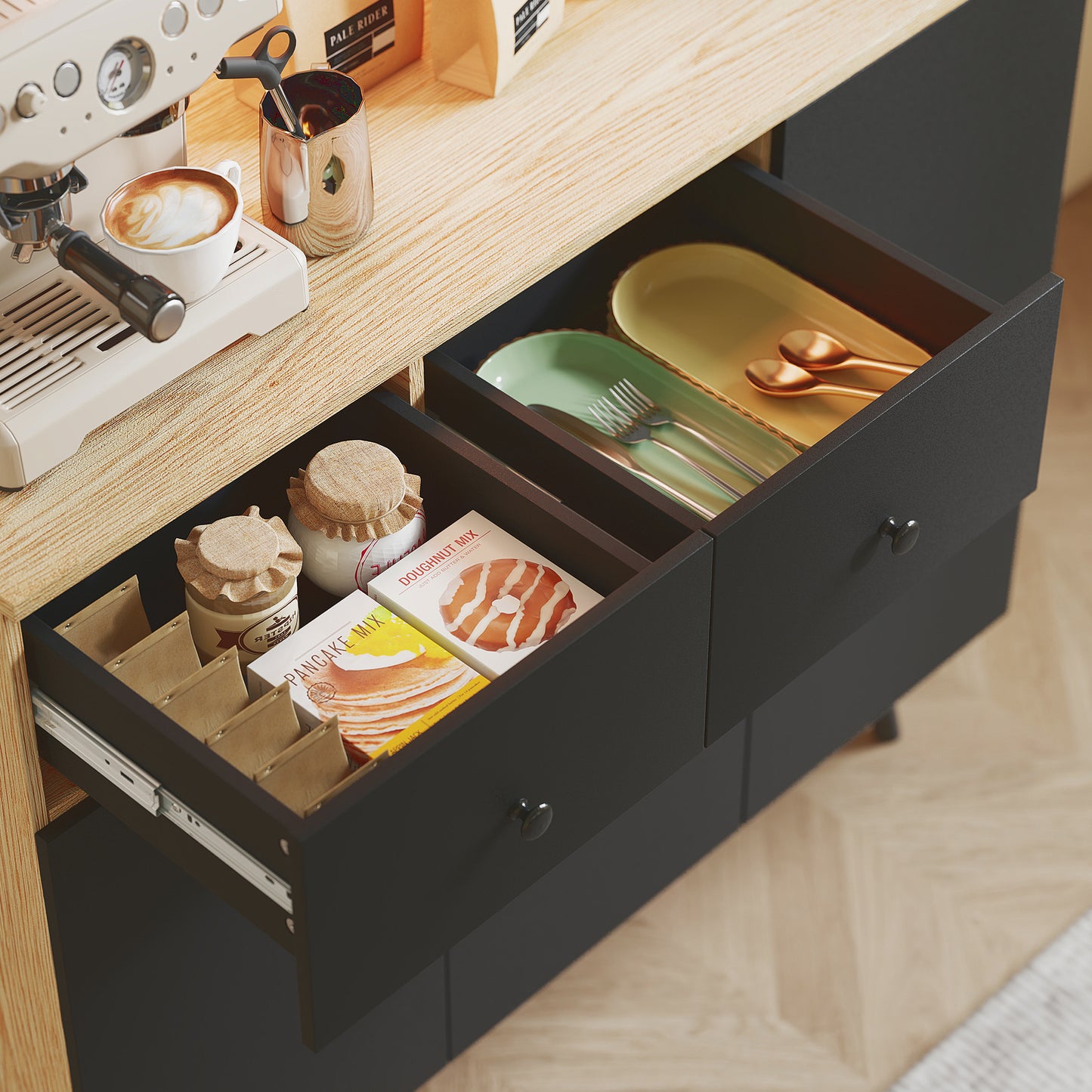HOMCOM 176 Cm Kitchen Cupboard With LED Lights Oak And Black RGB Mood Lighting Over Sixty Thousand Colours