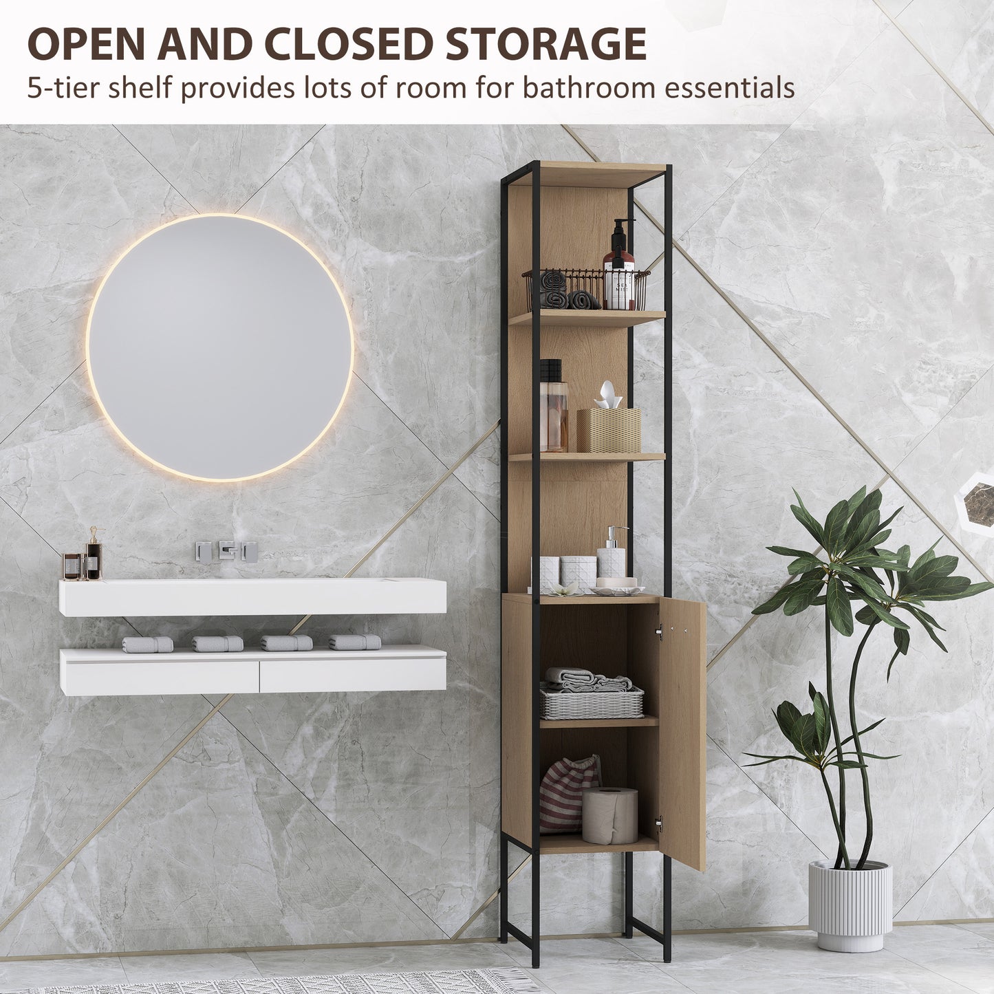 HOMCOM Tall Narrow Bathroom Cabinet With Open Shelves And Adjustable Shelf Natural Wood Finish