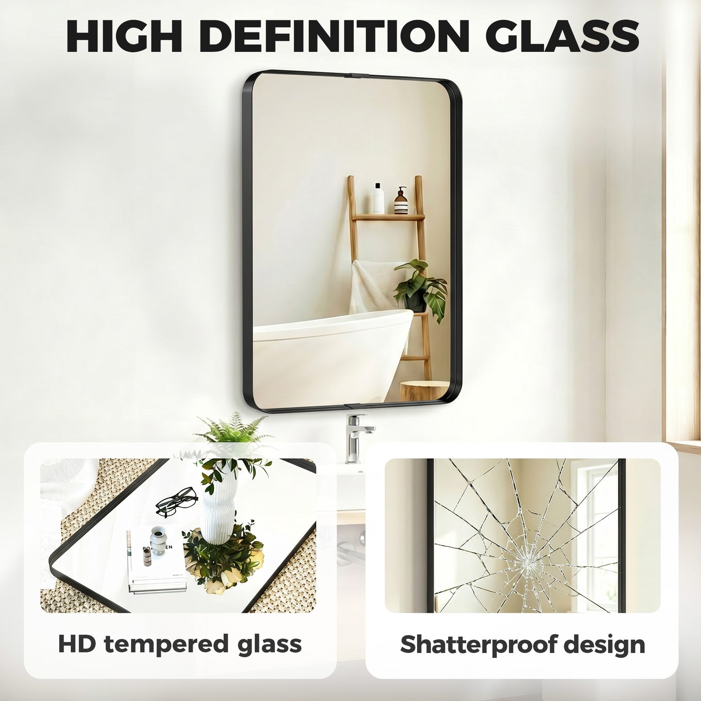 HOMCOM Runway Shaped Rectangular Wall Mirror 90 x 60 cm With Aluminium Alloy Frame And Tempered Glass In Black